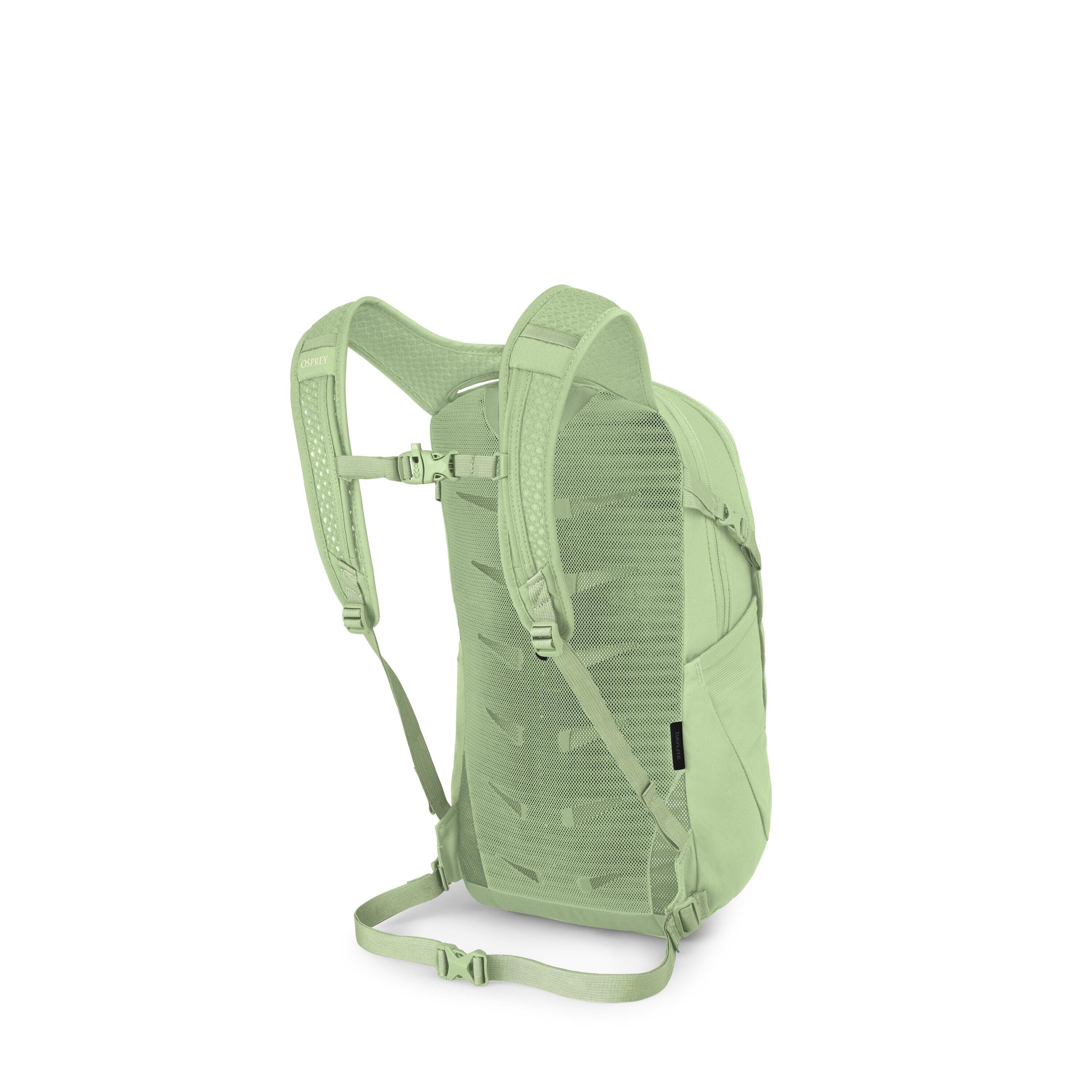 The image shows a light green backpack viewed from the back, highlighting its suspension system. It has padded, breathable shoulder straps with an adjustable sternum strap, a ventilated mesh back panel with cutout channels, and a simple webbing hip belt.