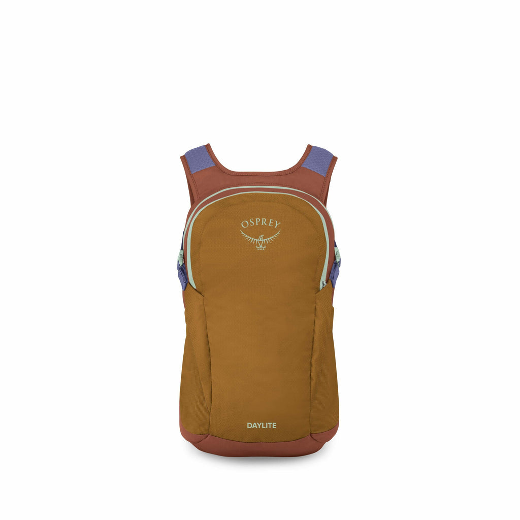 The image features an Osprey Daylite backpack, which appears to be lightweight and designed for casual or day use. The backpack has a main body in a warm brown color with complementary accents in darker brown and light purple. The Osprey logo, featuring a
