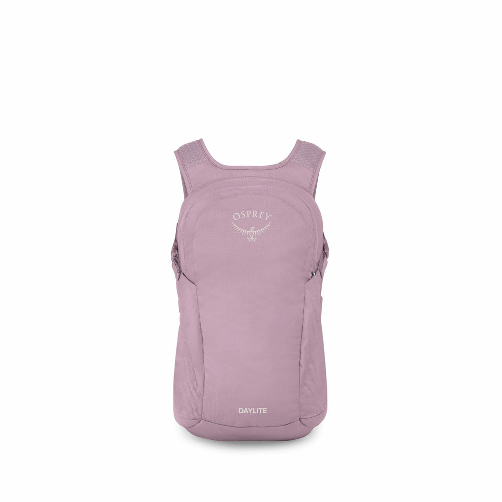 The images showcase a backpack by Osprey called "DAYLITE." The backpack appears in two different shades of purple, with one being a lavender color and the other being more of a light lilac. The backpack features a simple design with adjustable straps and