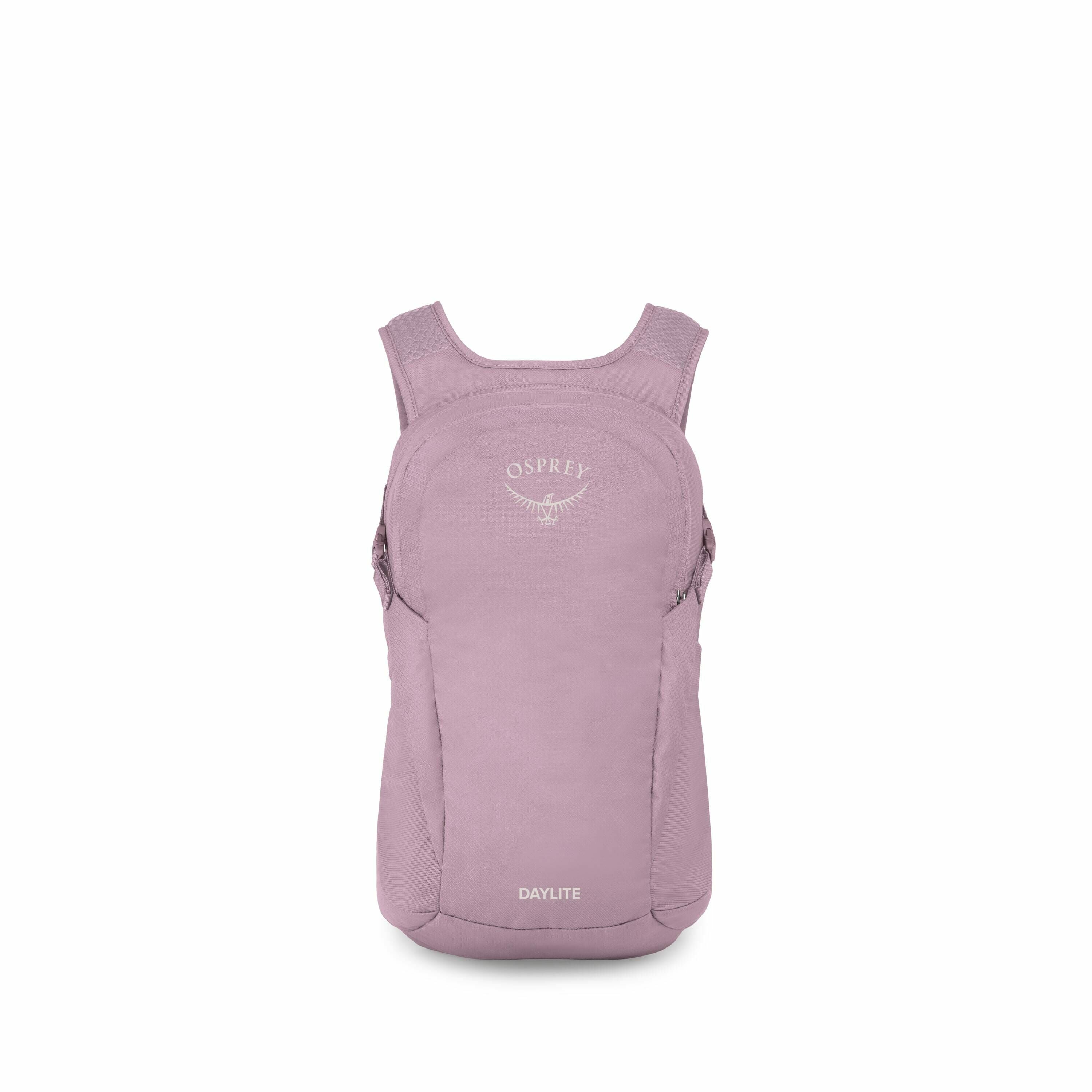 The images showcase a backpack by Osprey called "DAYLITE." The backpack appears in two different shades of purple, with one being a lavender color and the other being more of a light lilac. The backpack features a simple design with adjustable straps and
