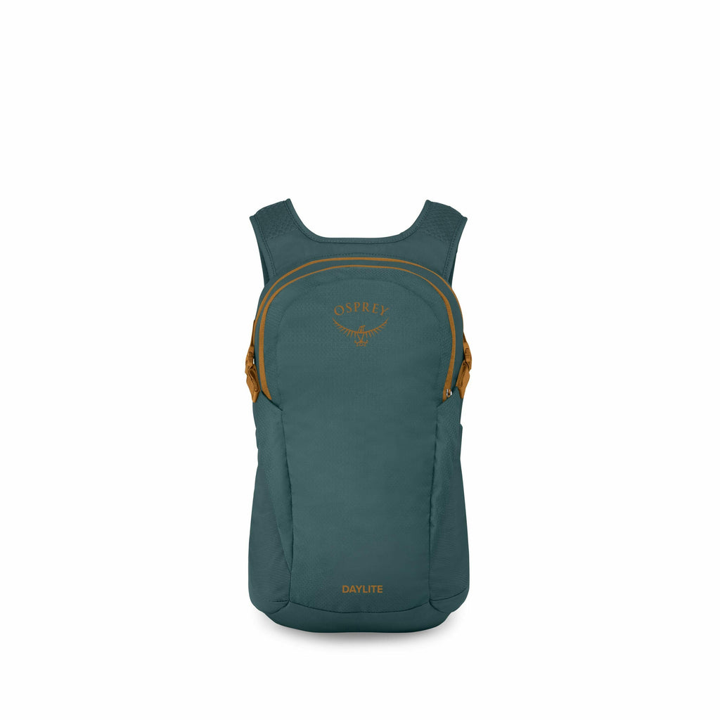 The image features a teal Osprey backpack with contrasting brown accents, most notably on the zippers. The backpack displays the Osprey logo prominently on its front, along with the name "DAYLITE" printed near the bottom. It has a streamlined design with