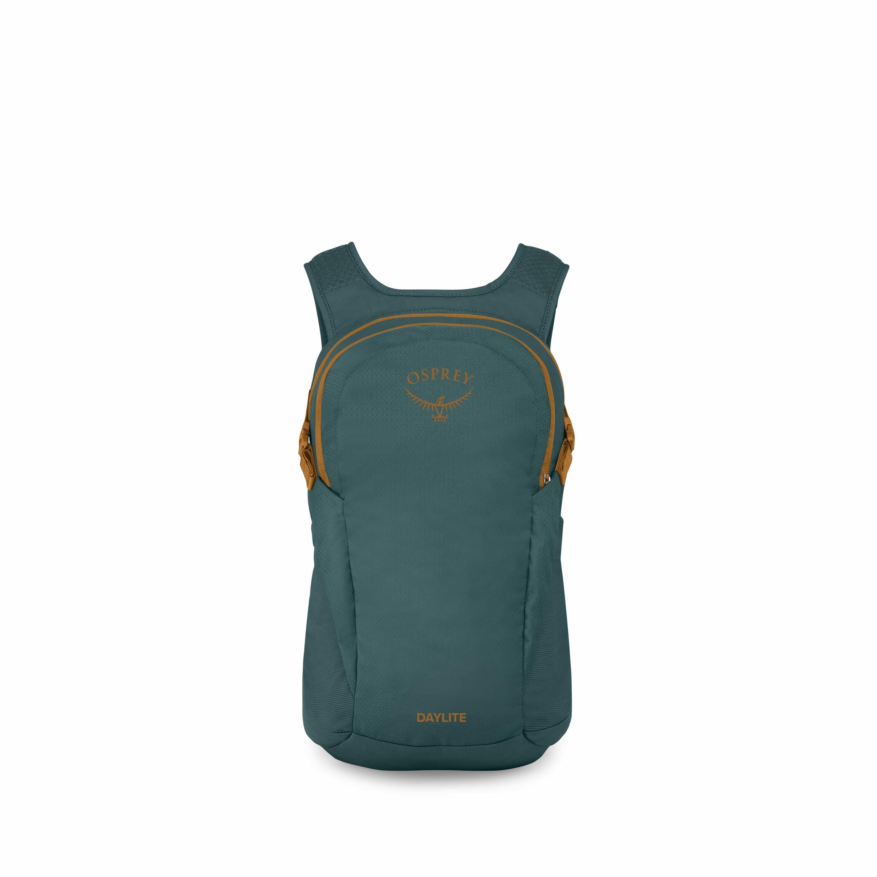The image features a teal Osprey backpack with contrasting brown accents, most notably on the zippers. The backpack displays the Osprey logo prominently on its front, along with the name "DAYLITE" printed near the bottom. It has a streamlined design with