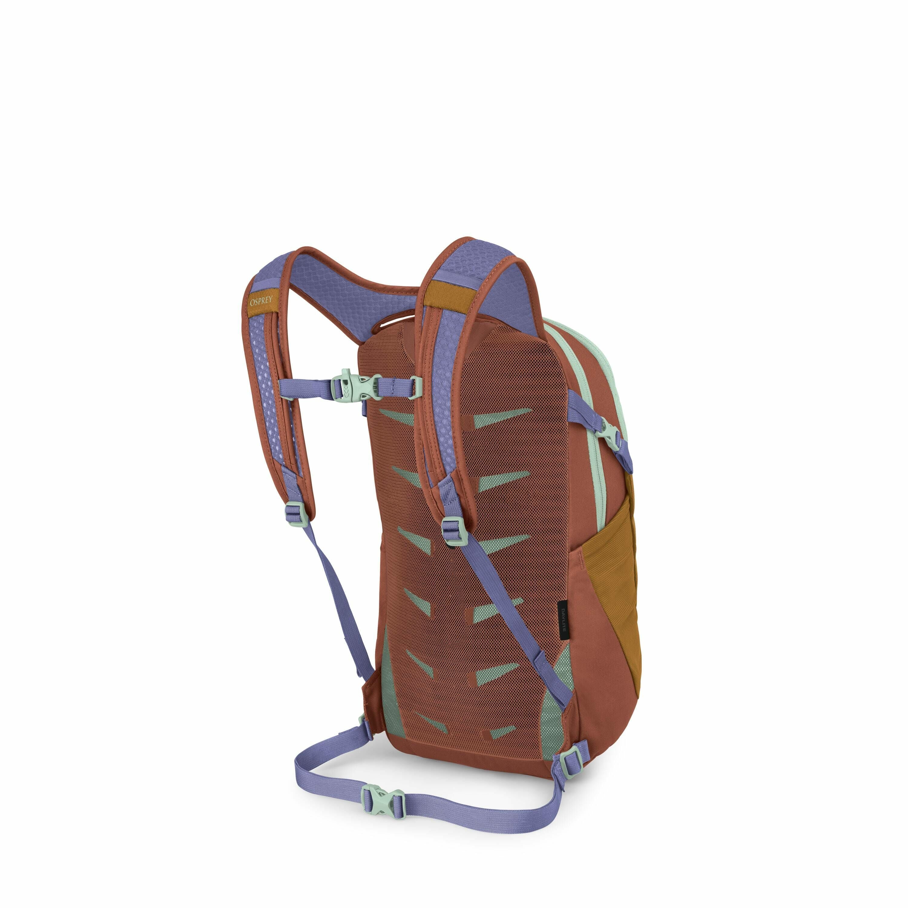 The image shows a colorful backpack designed for outdoor activities. It features a combination of earth tones, including brown, green, and a touch of lavender for the straps and buckles. The backpack has adjustable shoulder straps, a chest strap, and a wa
