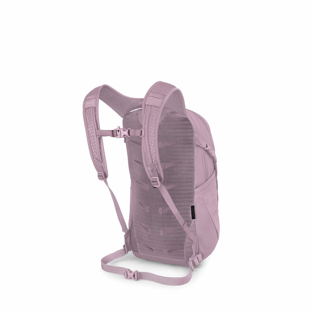 The image displays a mauve-colored backpack, viewed from the rear, showing its back panel and shoulder straps. The backpack is designed with padded shoulder straps for comfort, which are adjustable and feature a chest buckle for added support. The back pa
