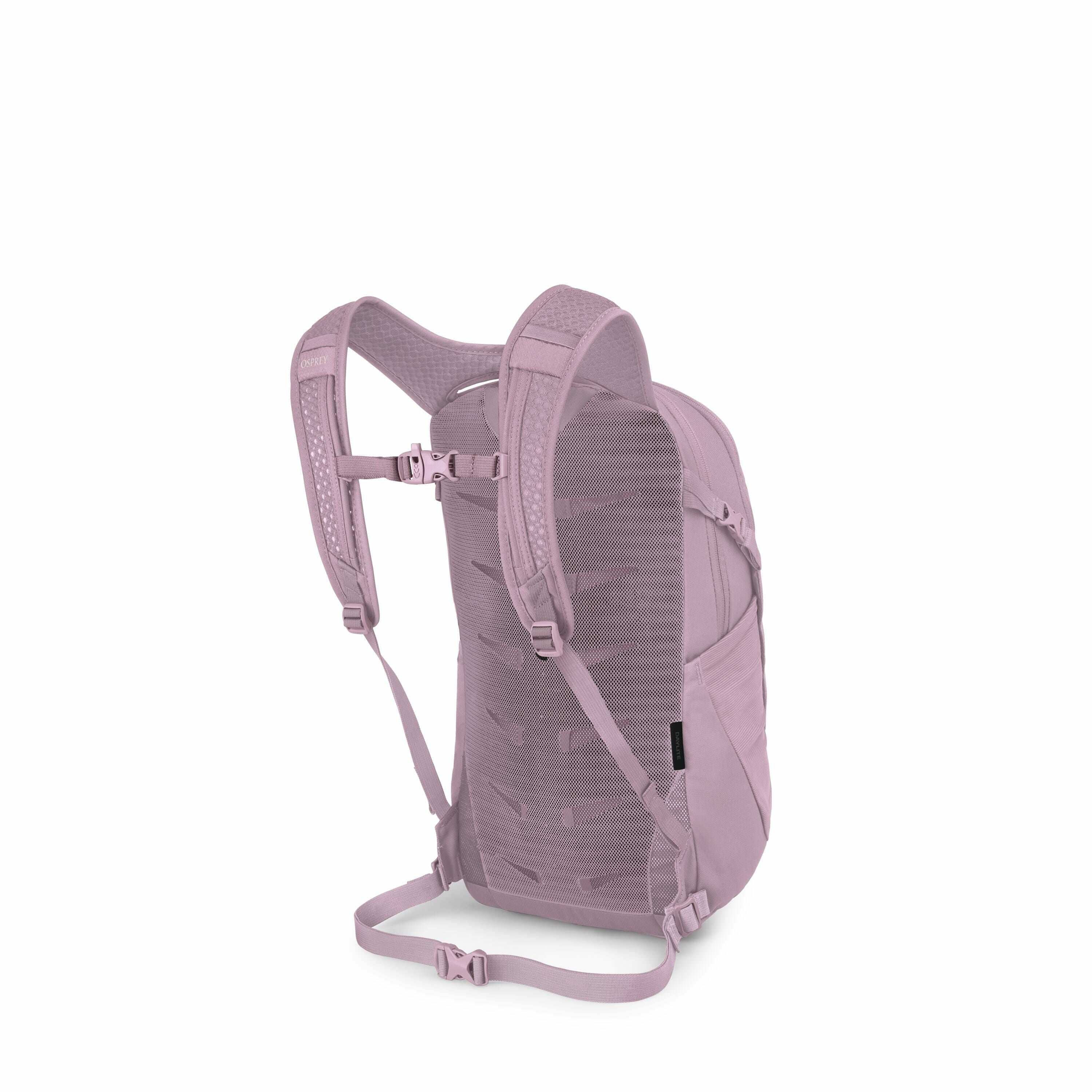 The image displays a mauve-colored backpack, viewed from the rear, showing its back panel and shoulder straps. The backpack is designed with padded shoulder straps for comfort, which are adjustable and feature a chest buckle for added support. The back pa