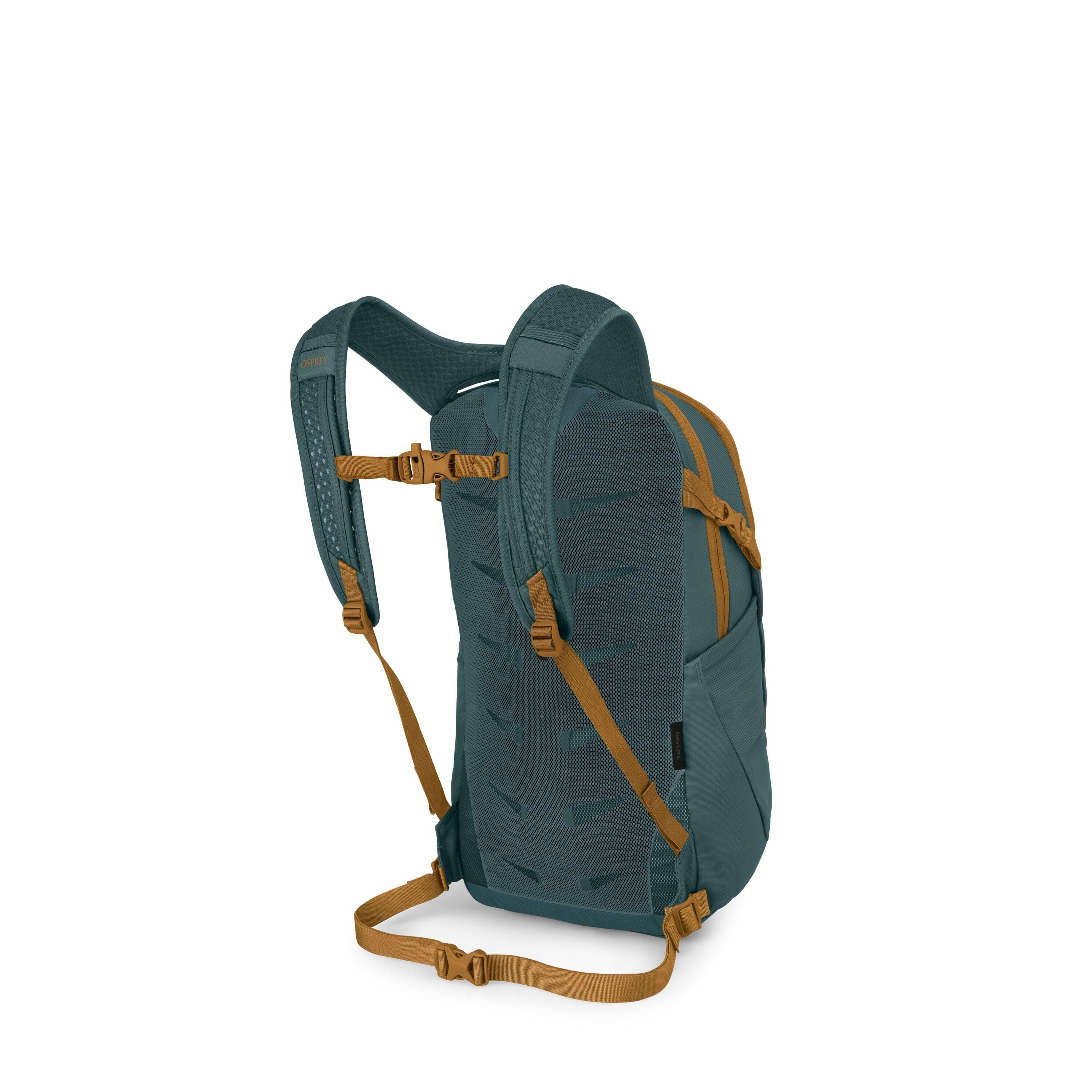 The image depicts a backpack in a three-quarter view from the back, showcasing its ergonomic design. The backpack is primarily teal with accents and straps in a contrasting mustard yellow color. It features adjustable padded shoulder straps, a sternum str