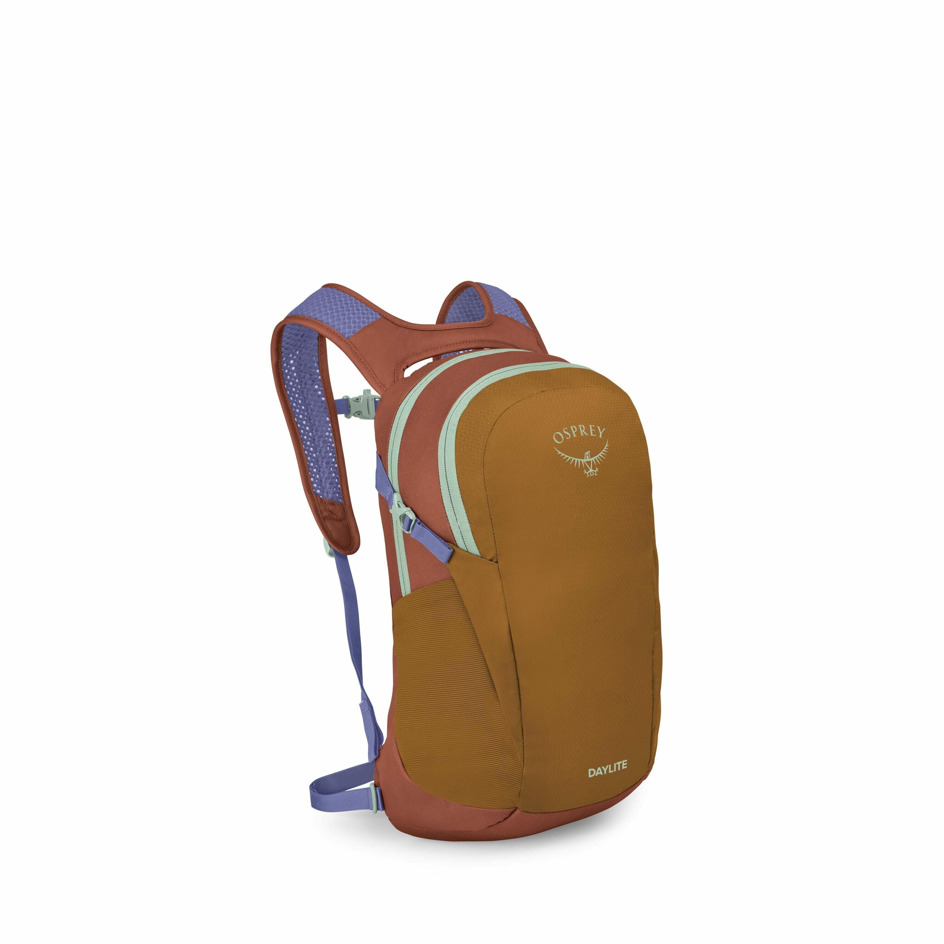 The image showcases an Osprey Daylite backpack, designed in a blend of earthy tones and pastel colors. The main body of the backpack is a rich mustard brown, complemented by burgundy accents on the sides and straps. The backpack features mint green zipper