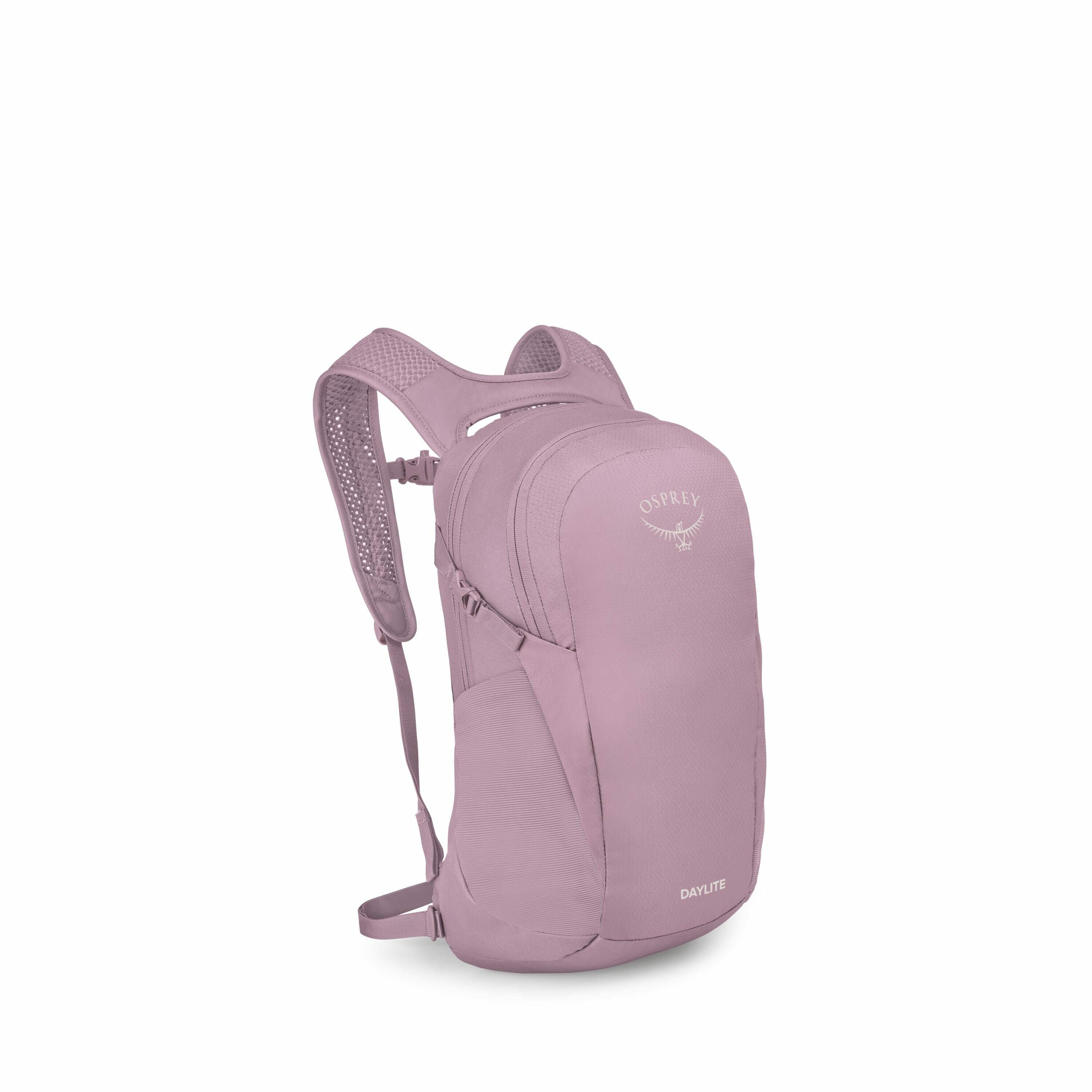 The image showcases a light purple backpack from the brand Osprey, specifically the Daylite model. The backpack is designed with a sleek and compact look, featuring a main compartment and several zippered pockets for storage. It has adjustable shoulder st