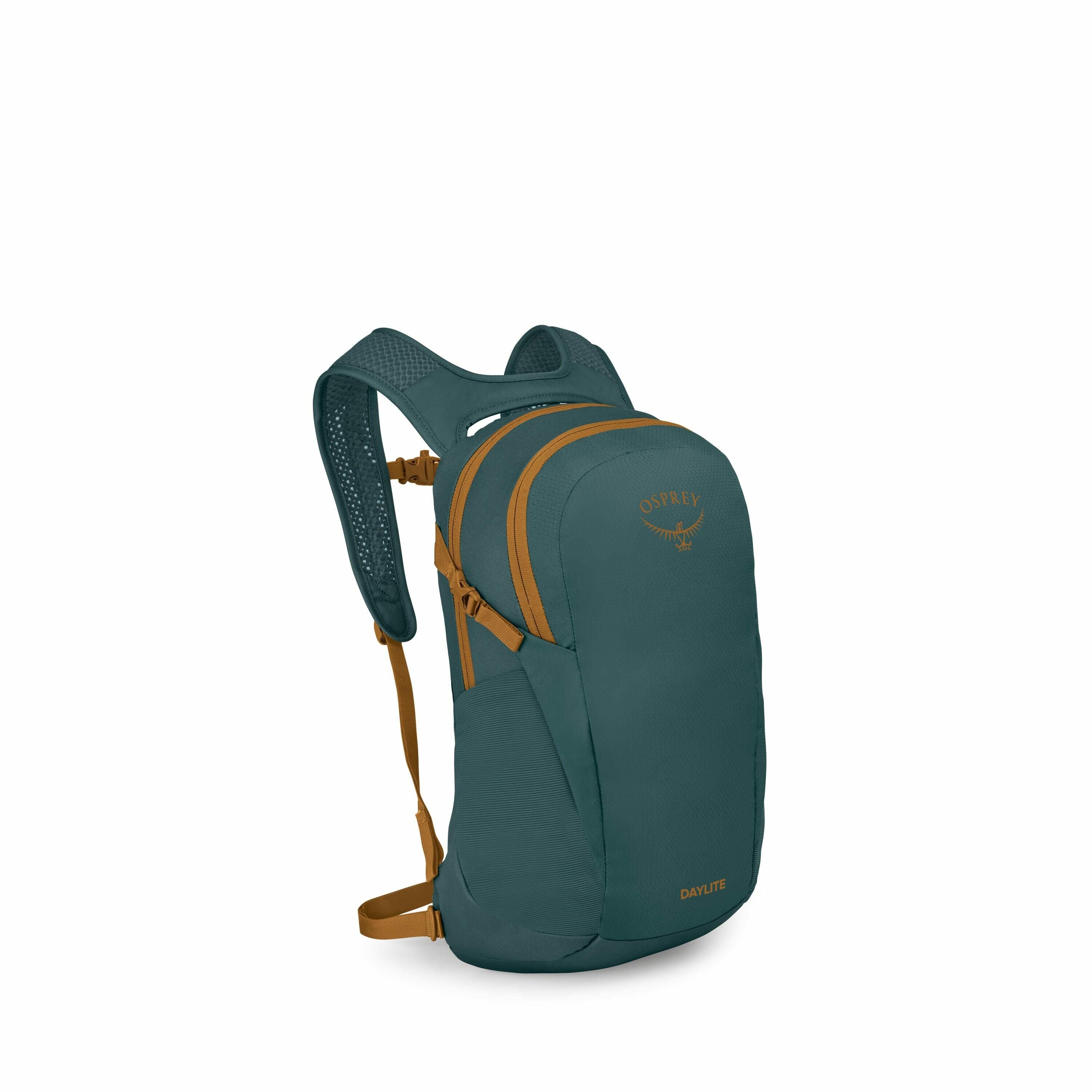 The image showcases an Osprey Daylite backpack designed for outdoor activities. It features a deep teal color with contrasting brown accents on the zippers and straps, adding a stylish touch to its utilitarian design. The backpack has two main compartment