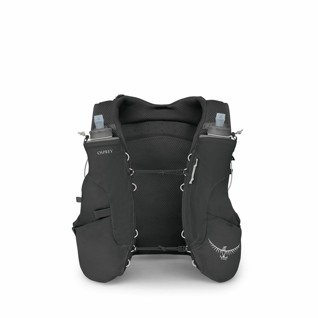 The images display various views and components of an Osprey hydration vest, designed for outdoor activities like running and hiking. The first few images show the complete vest from different angles, highlighting its front pockets that hold water bottles