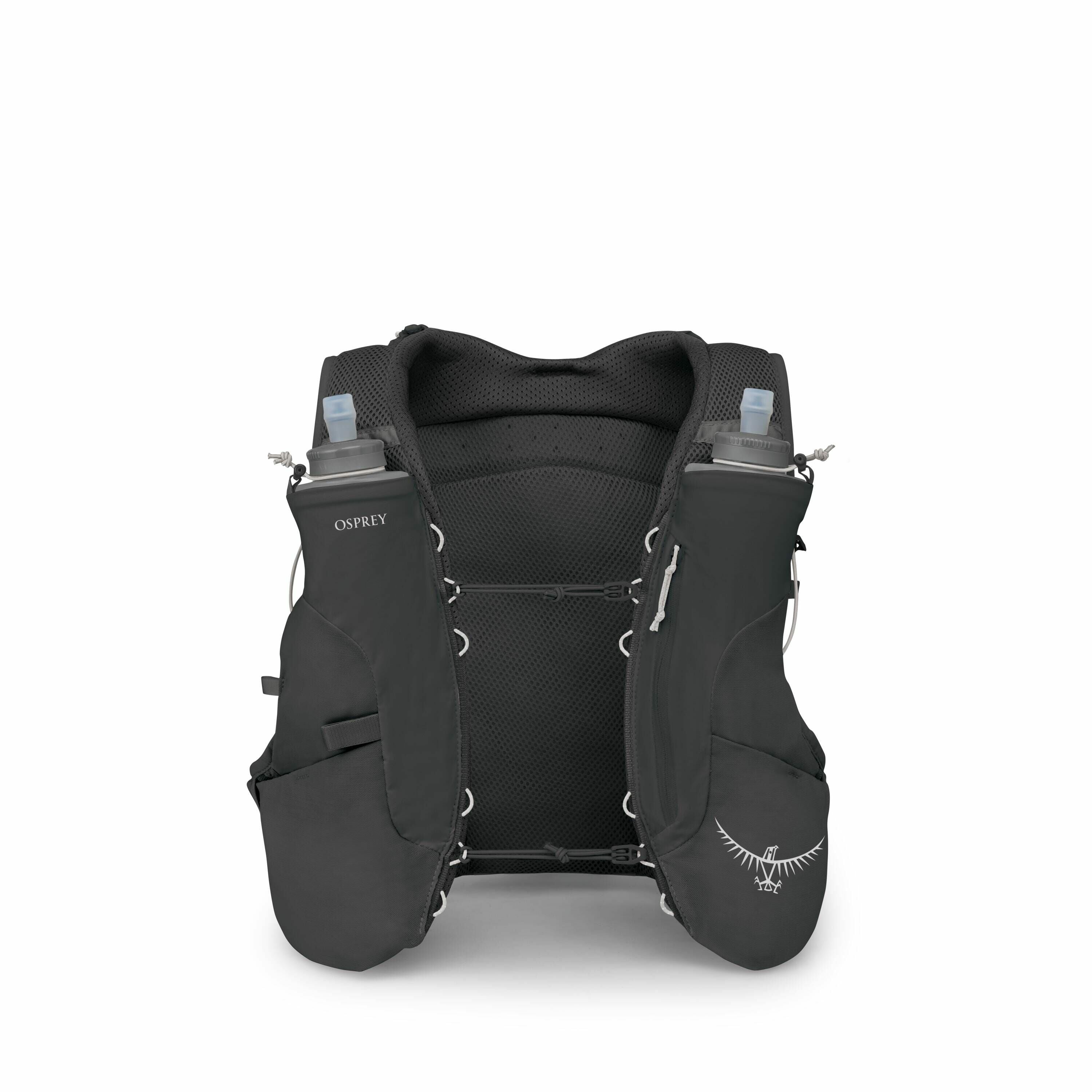 The images display various views and components of an Osprey hydration vest, designed for outdoor activities like running and hiking. The first few images show the complete vest from different angles, highlighting its front pockets that hold water bottles
