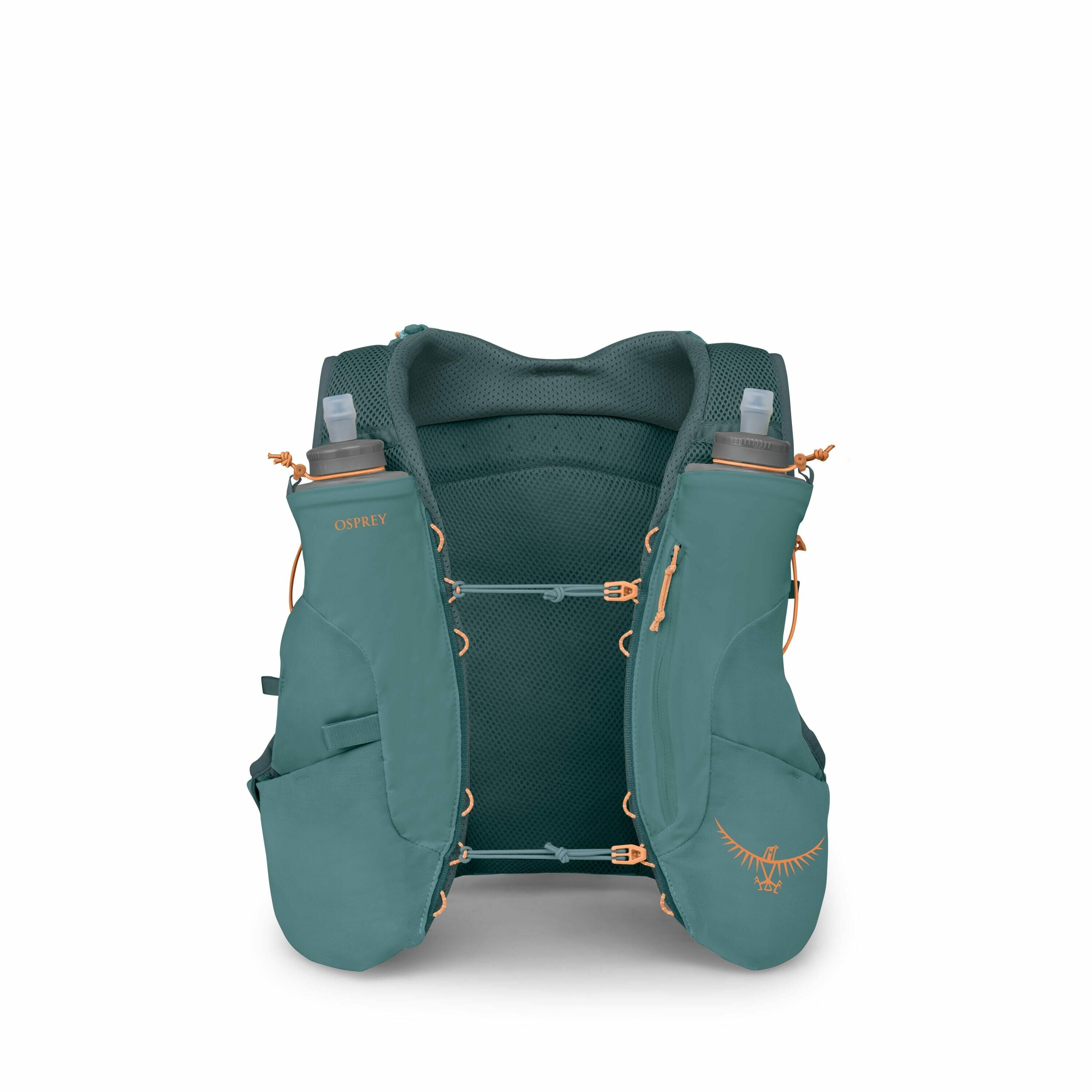 The image showcases an Osprey running vest designed for outdoor activities like trail running. The vest is teal with orange accents and features multiple pockets, some of which hold water bottles for hydration. It has a mesh backing for breathability and