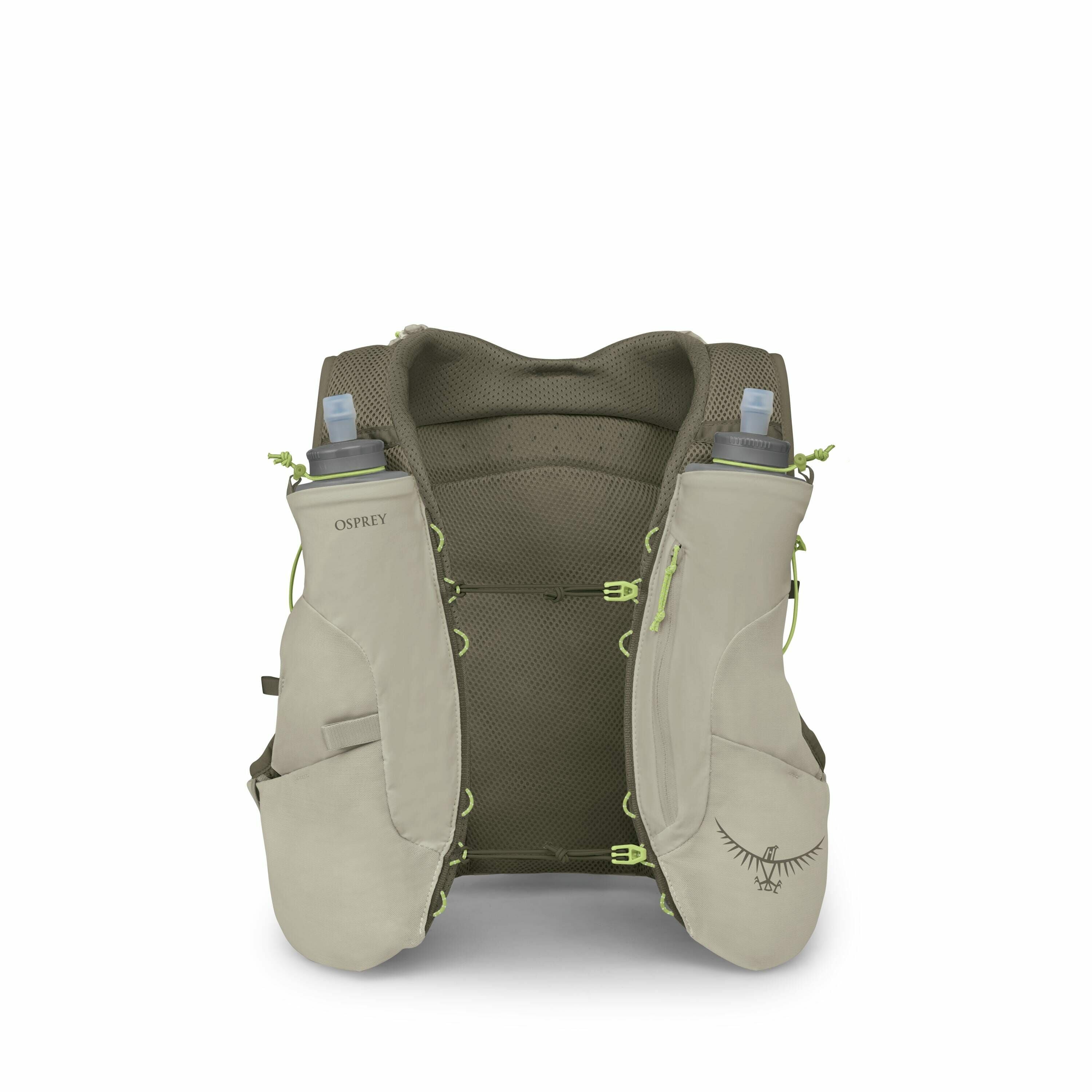 The images show a deconstructed Osprey hydration vest, which is a type of lightweight running or hiking gear. The vest is depicted in various stages of assembly, showcasing different components like shoulder straps, mesh back panel, front pockets, and hyd