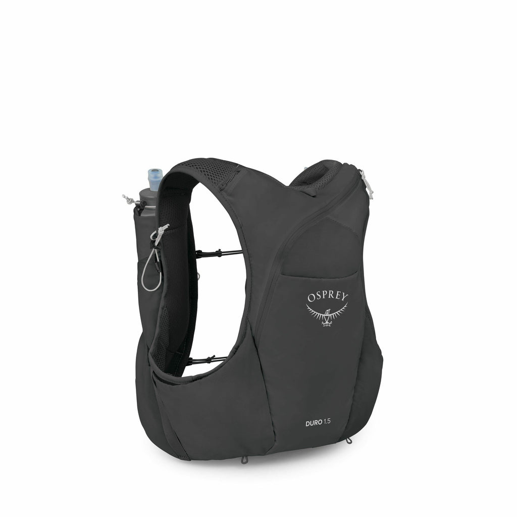 The image displays a black Osprey Duro 1.5 running vest designed for carrying essentials during runs. The vest features a minimalist and sleek design with adjustable straps and multiple pockets for easy storage. One side of the vest showcases a water bott
