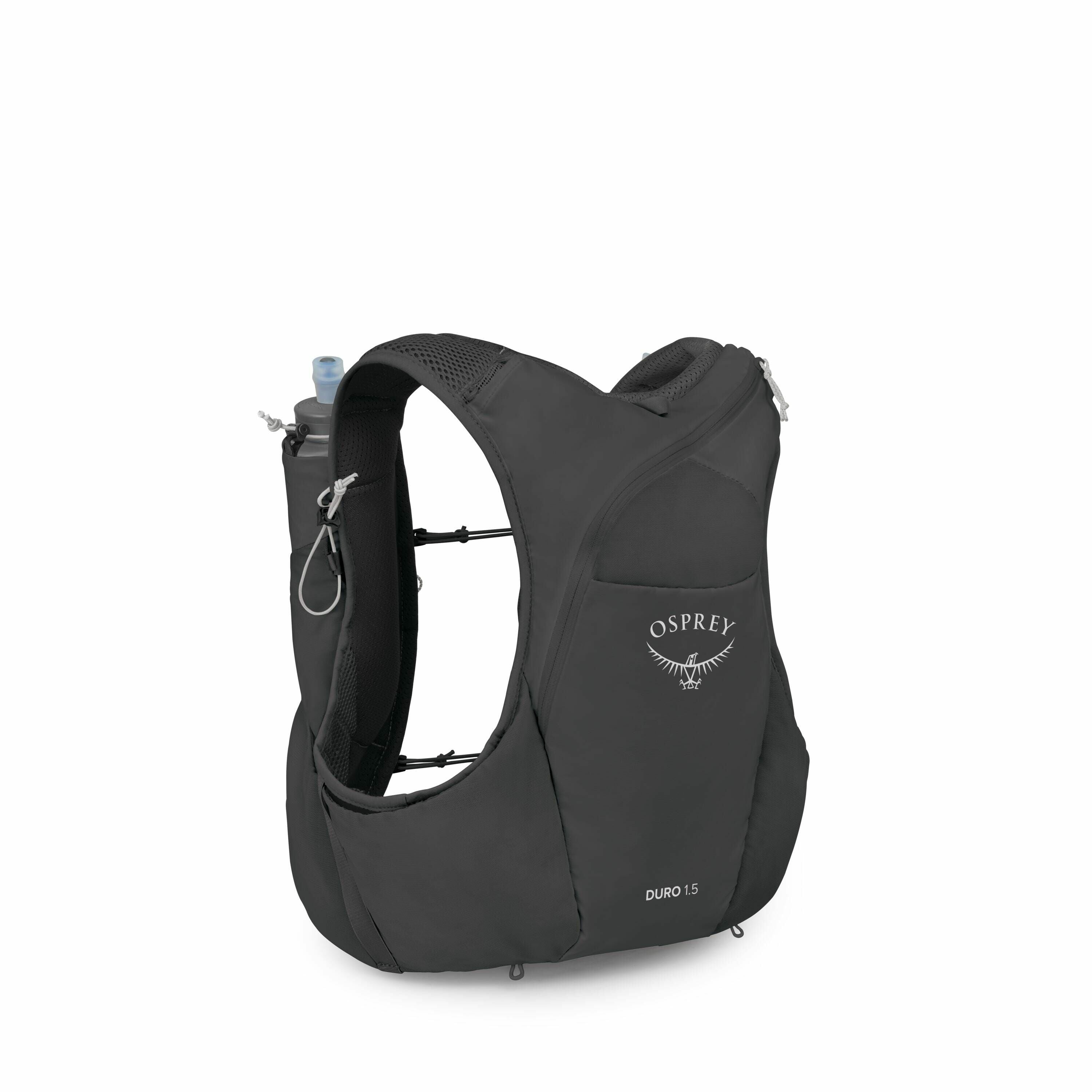 The image displays a black Osprey Duro 1.5 running vest designed for carrying essentials during runs. The vest features a minimalist and sleek design with adjustable straps and multiple pockets for easy storage. One side of the vest showcases a water bott