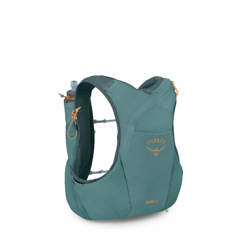 The image features an Osprey Duro 1.5 hydration vest, designed for outdoor activities such as running or hiking. The vest is predominantly teal and has orange accents, including the Osprey logo and zippers. It includes multiple compartments and storage op