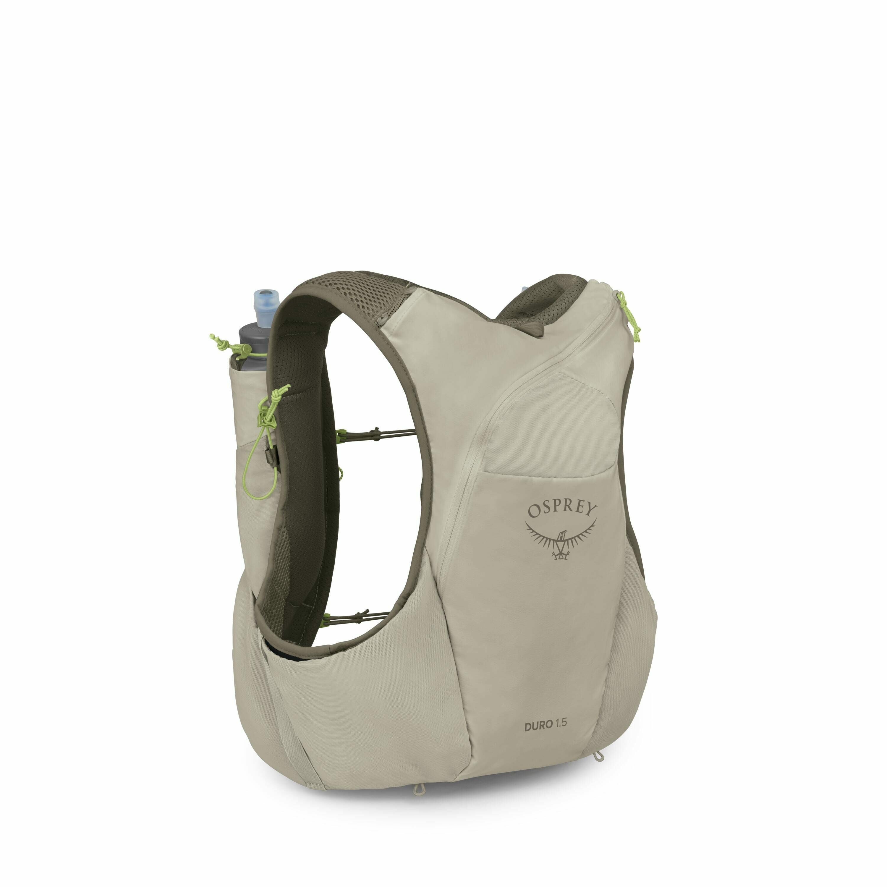 The image shows an Osprey Duro 1.5 hydration vest designed for running and outdoor activities. The vest is beige with accents of bright green on the zipper pulls and drawstrings. It has a sleek, ergonomic design with multiple compartments, including a vis