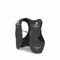 The image showcases a black Osprey hydration vest, designed for outdoor activities like running or hiking. It features two front pockets, each containing a soft, collapsible water bottle with a blue spout for easy drinking on the go. The vest has a lightw