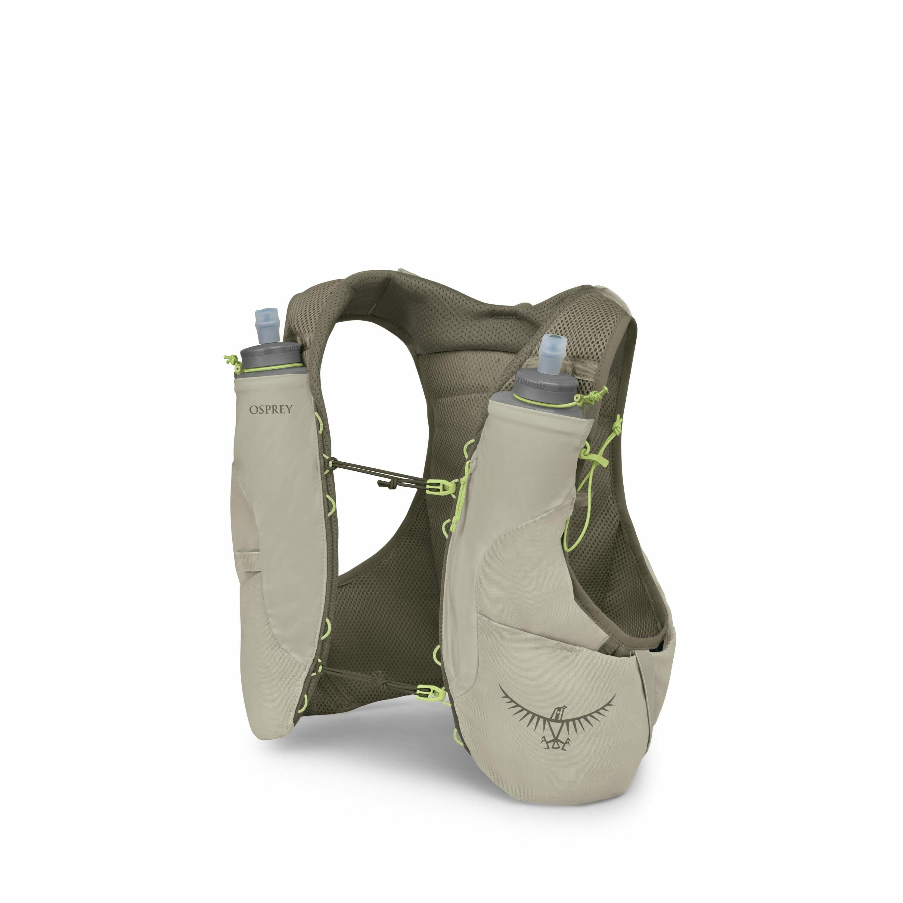 The image features an Osprey running vest designed for hydration and storage during physical activities. It is beige with green accents and includes two front pockets holding soft flasks with blue nozzles. The vest is breathable with mesh fabric on the ba