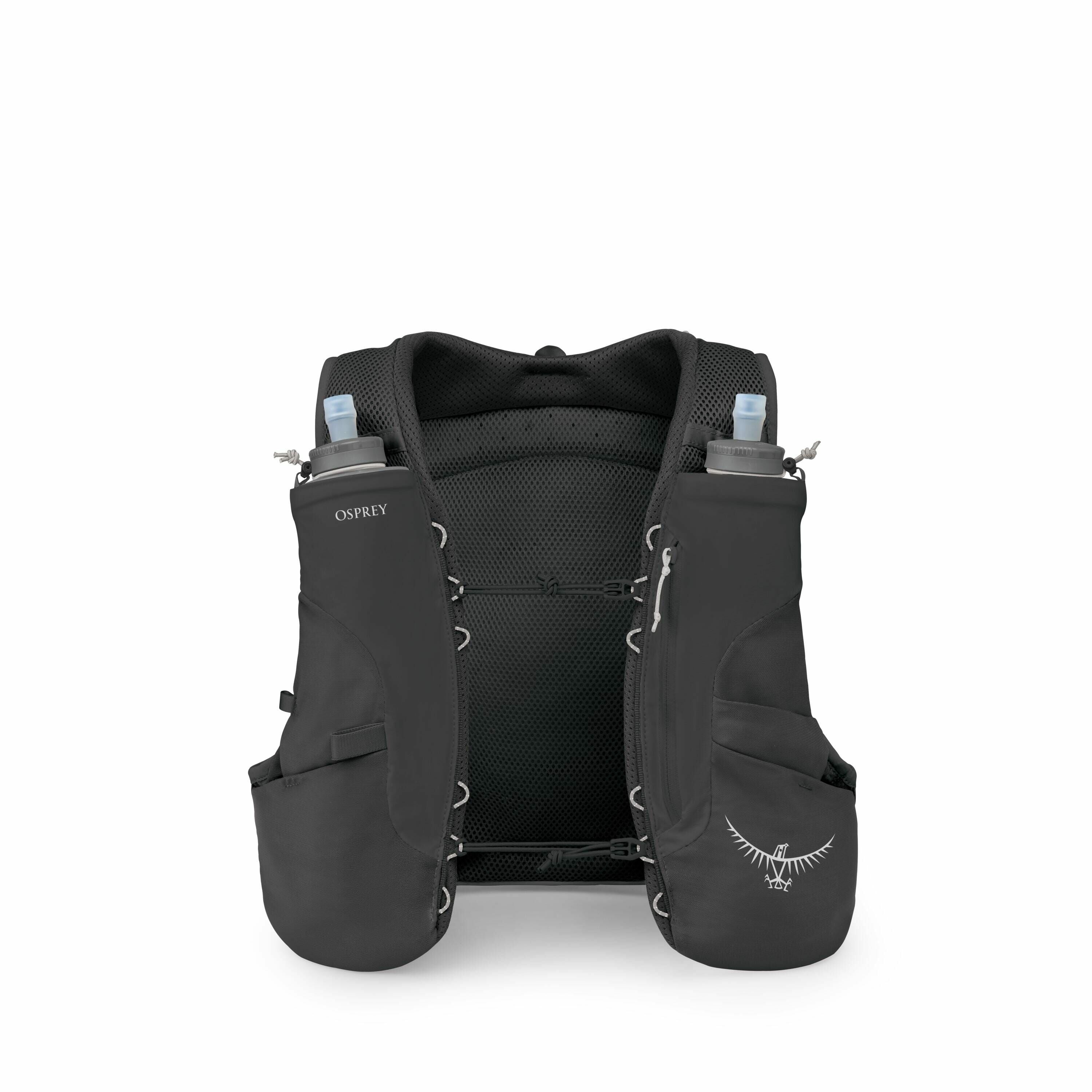 The image shows a black hydration vest with several features designed for outdoor activities such as running or hiking. The vest is equipped with two water bottles placed in the front pockets for easy access, and the brand name "Osprey" is visible on the