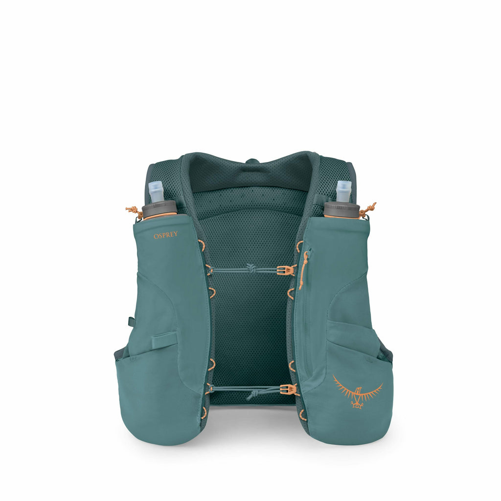 The image is a composite showcasing an Osprey hydration vest, designed for outdoor activities like running or hiking. The first two images show the full vest from the front, with two water bottles situated in the front compartments. The subsequent images