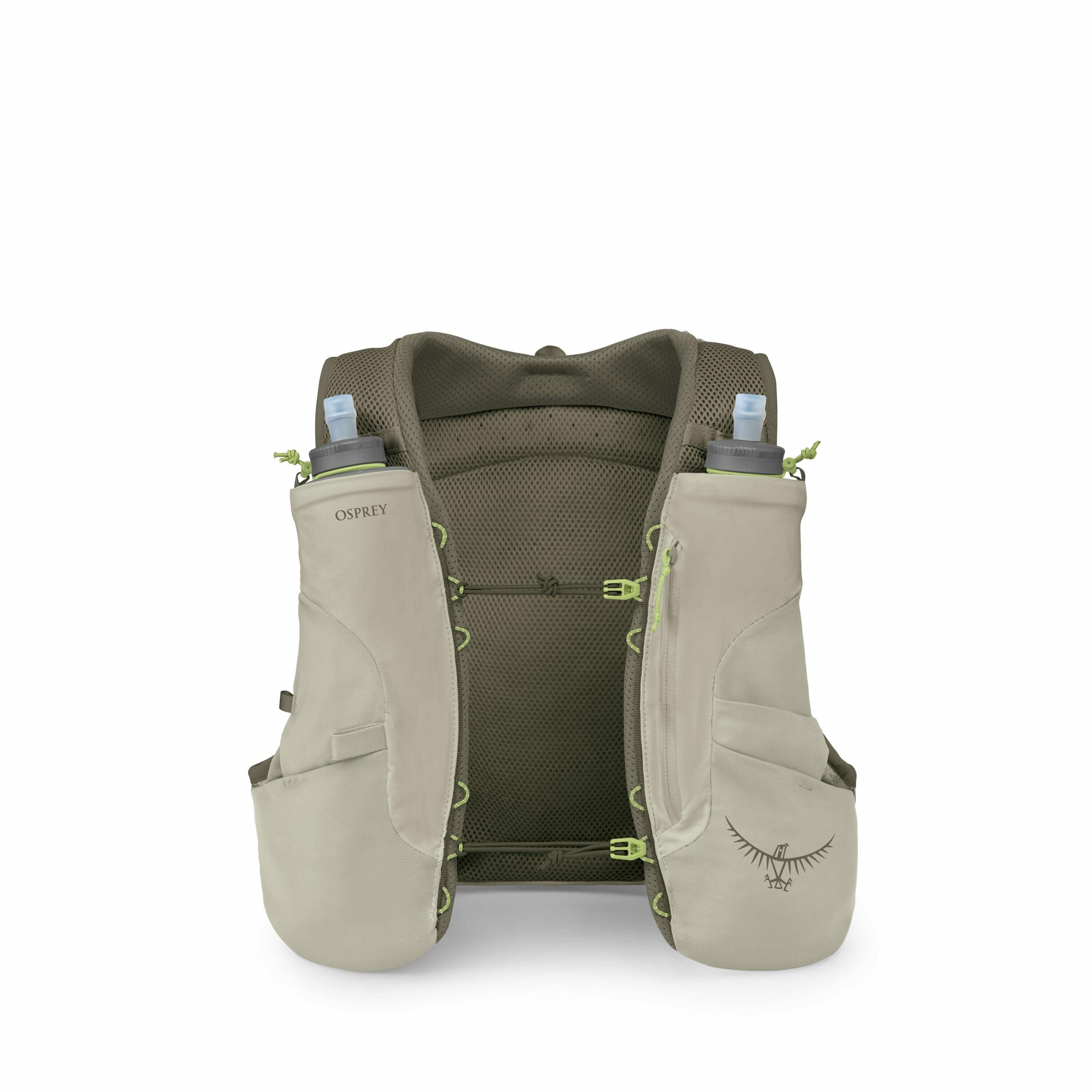 The images show various views and components of an Osprey hydration pack. The primary image displays the complete front view of the pack, highlighting its dual water bottle holders on each side. The pack is predominantly light green with darker green acce