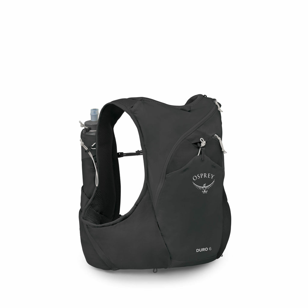 The image displays a black running hydration vest by Osprey, labeled as the "DURO 6." The vest features a sleek, minimalist design, tailored for endurance activities like trail running. It includes several accessible pockets, one of which holds a clear, r