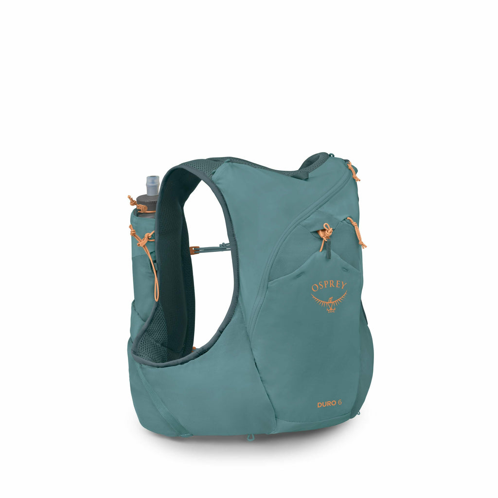 The image features a turquoise Osprey Duro 6 running vest with orange accents. It is designed for hydration during physical activities, as evidenced by the visible water bottle protruding from the left shoulder pocket. The vest is compact and form-fitting