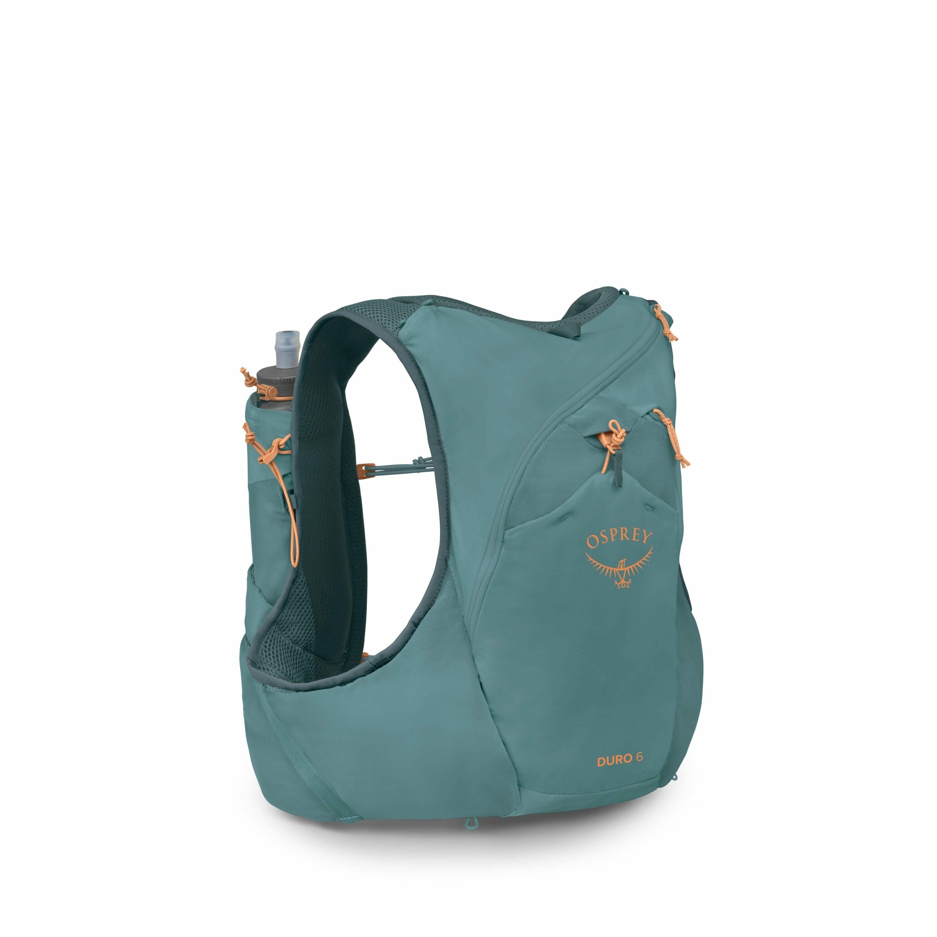 The image features a turquoise Osprey Duro 6 running vest with orange accents. It is designed for hydration during physical activities, as evidenced by the visible water bottle protruding from the left shoulder pocket. The vest is compact and form-fitting