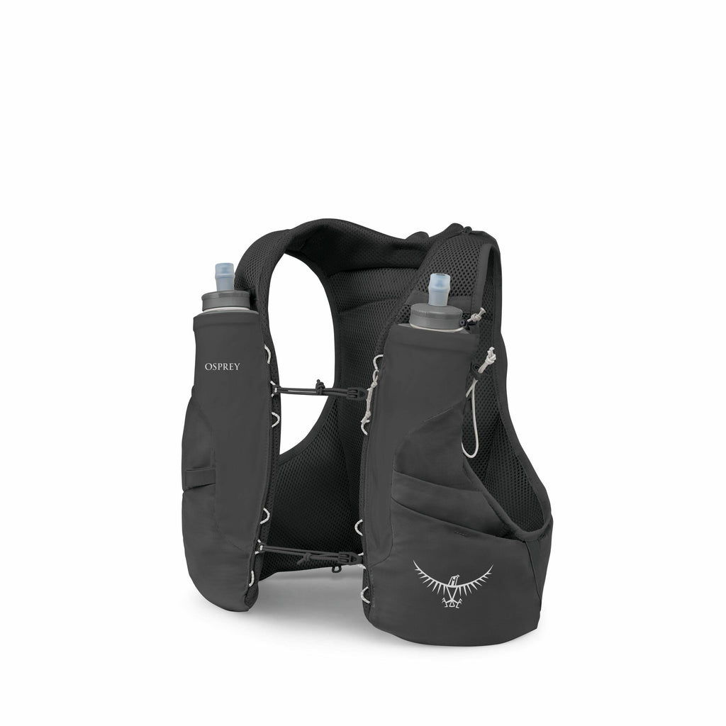 The image displays an Osprey hydration vest designed for outdoor activities like running and hiking. The vest is primarily black and features two front pockets, each holding a soft flask with a nozzle for drinking. The design includes a mesh back for brea