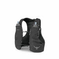 The image displays an Osprey hydration vest designed for outdoor activities like running and hiking. The vest is primarily black and features two front pockets, each holding a soft flask with a nozzle for drinking. The design includes a mesh back for brea