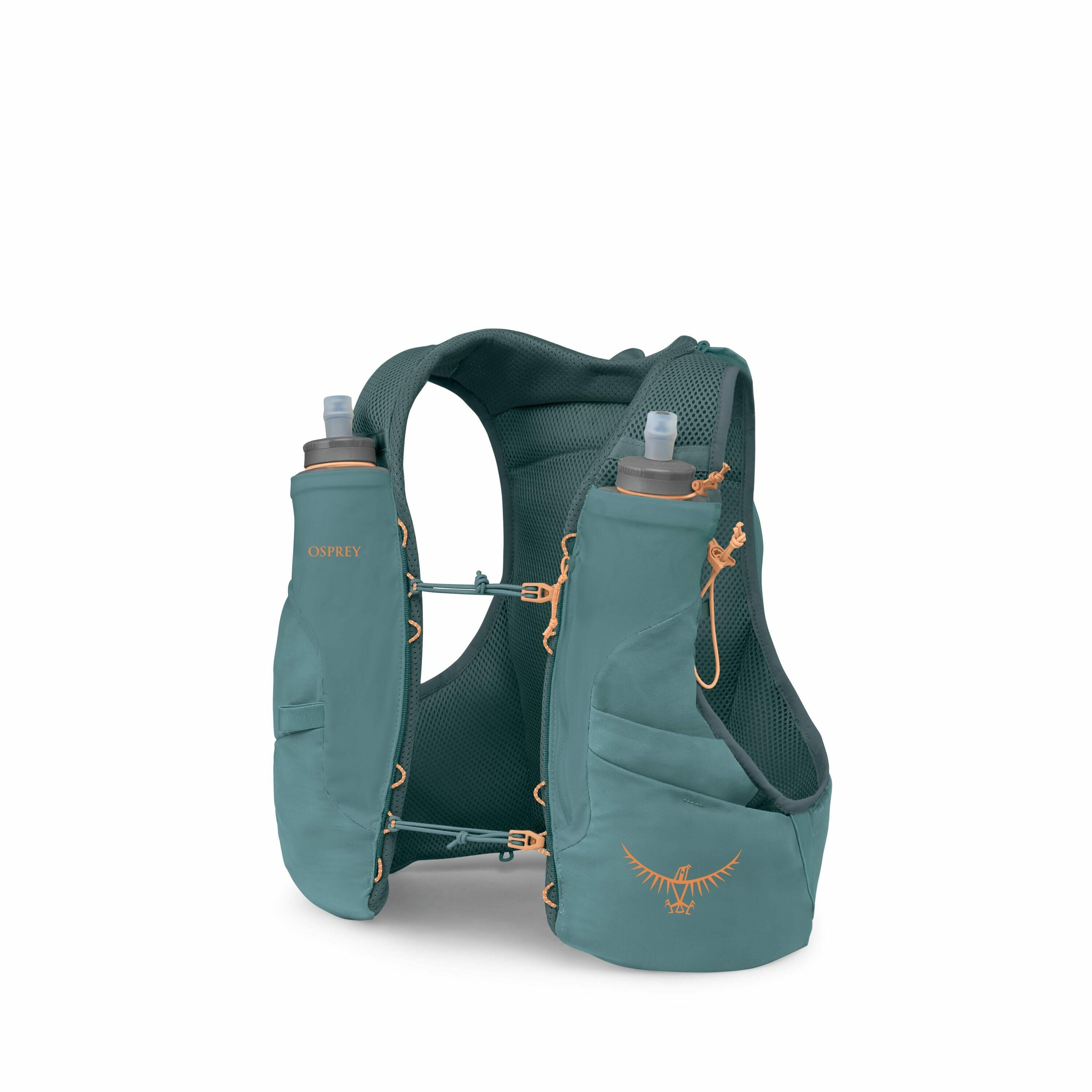 The image depicts an Osprey hydration vest in a teal color. This lightweight vest features two front pockets designed to hold water bottles, with one bottle visible in each pocket, topped with sip caps for easy access during activities. The vest also incl