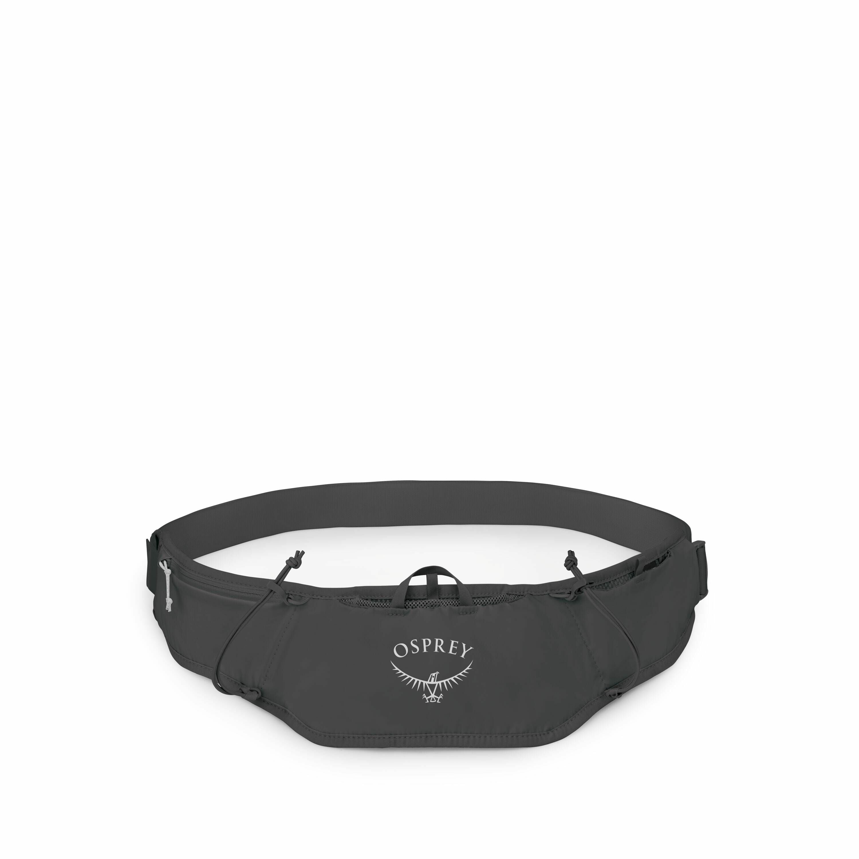 The images showcase a dark-colored waist pack made by Osprey, featuring the brand's logo prominently on the front. The pack has a sleek and streamlined design with adjustable straps on the sides, allowing for a comfortable fit around the waist. It is equi