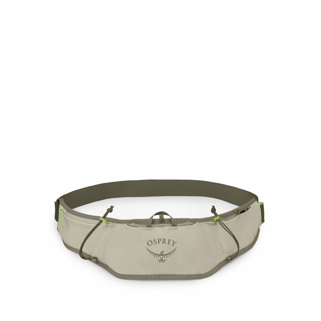 The image features a series of Osprey waist packs in different colors and configurations. Each pack displays the Osprey logo prominently in the center, with its distinctive winged design. The packs vary in color from beige to green and have multiple pocke