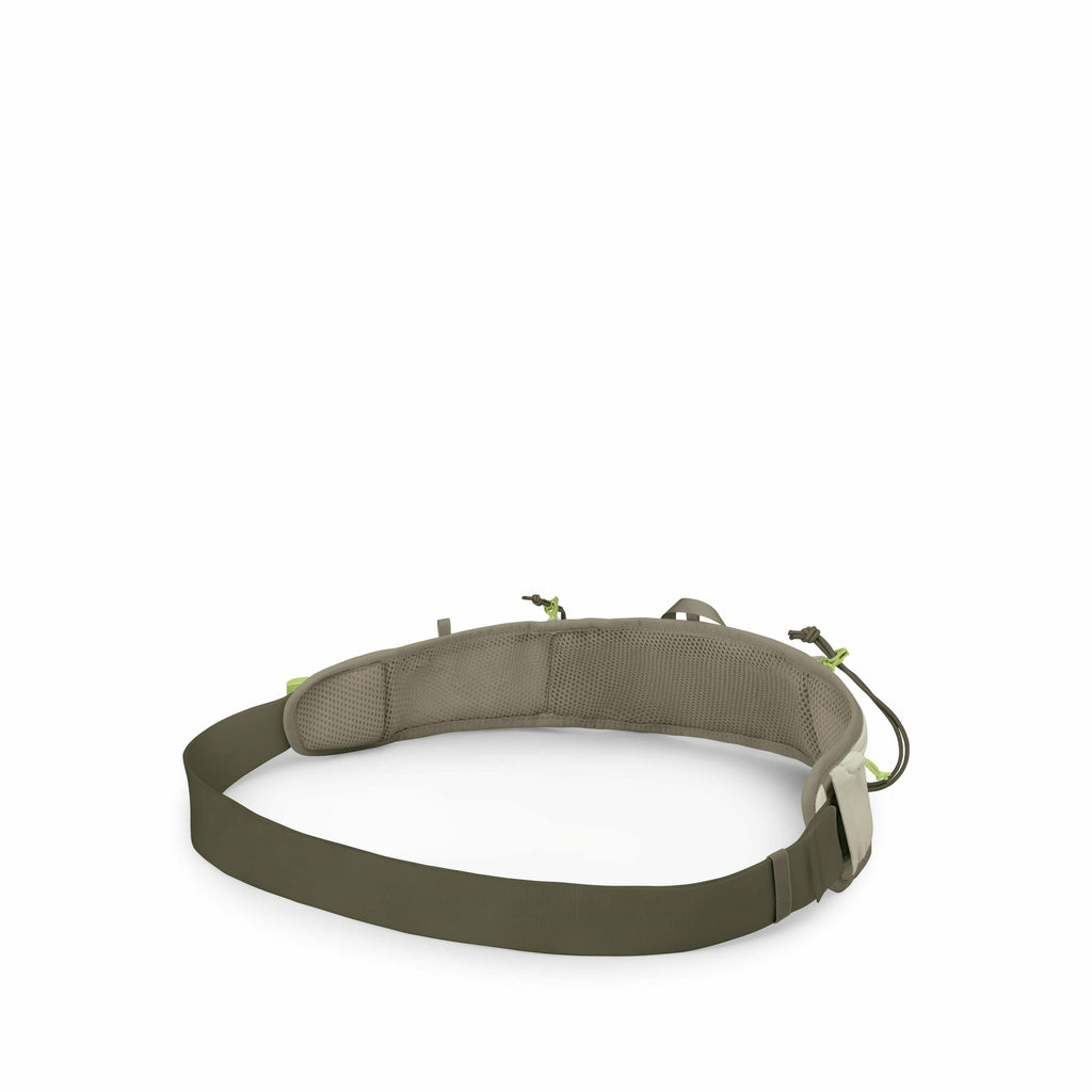 The image features a close-up view of an outdoor or hiking gear component, specifically a padded hip belt. The belt is olive green and appears to be designed for comfort and support, with padded sections and a mesh material that suggests breathability. It