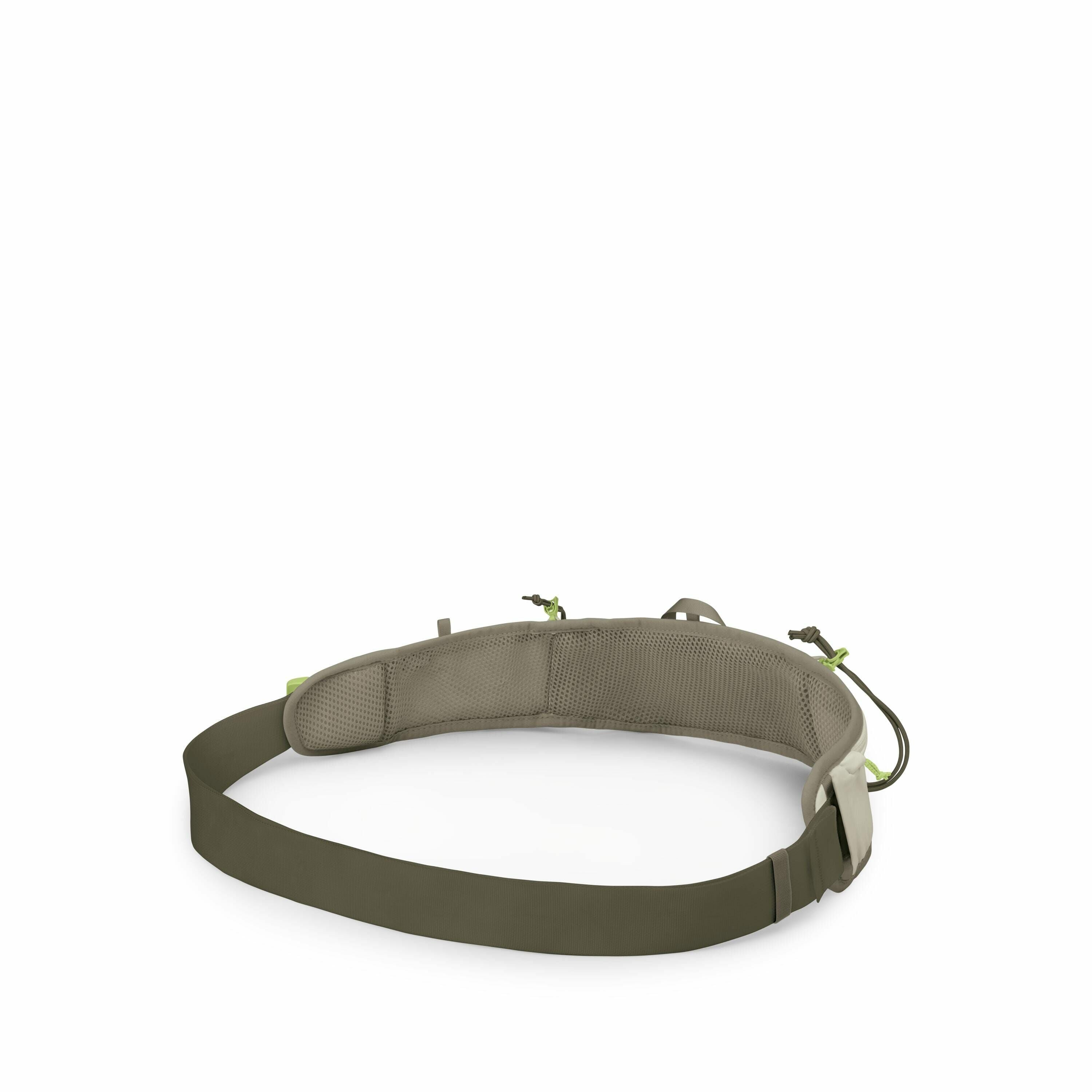 The image features a close-up view of an outdoor or hiking gear component, specifically a padded hip belt. The belt is olive green and appears to be designed for comfort and support, with padded sections and a mesh material that suggests breathability. It