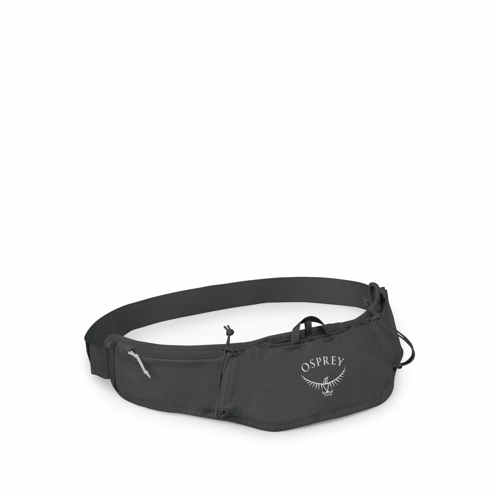 The image displays an Osprey branded waist pack, commonly referred to as a hip or fanny pack. The waist pack is dark in color, featuring the Osprey logo prominently in white, which includes an illustration of a bird with outstretched wings. The design inc
