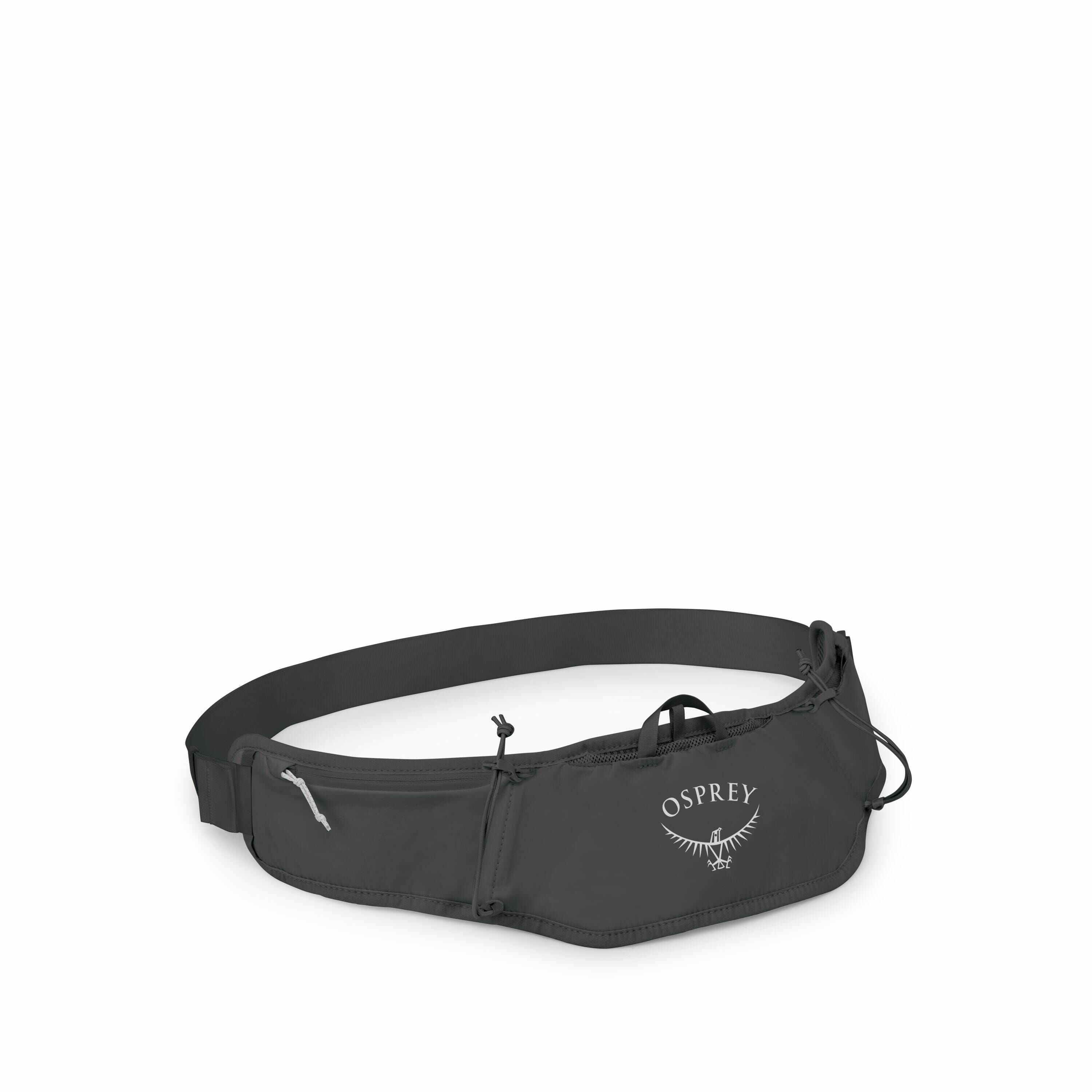 The image displays an Osprey branded waist pack, commonly referred to as a hip or fanny pack. The waist pack is dark in color, featuring the Osprey logo prominently in white, which includes an illustration of a bird with outstretched wings. The design inc