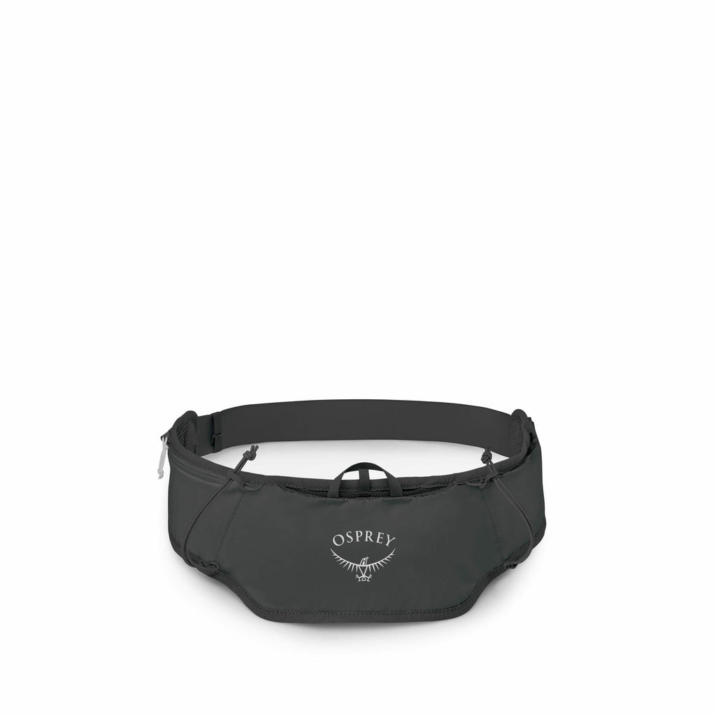 The image displays an Osprey hip pack designed for outdoor activities, made of a sturdy material with a sleek design. The pack is primarily dark gray or black and features the Osprey logo prominently on the front, which consists of the brand name and an a