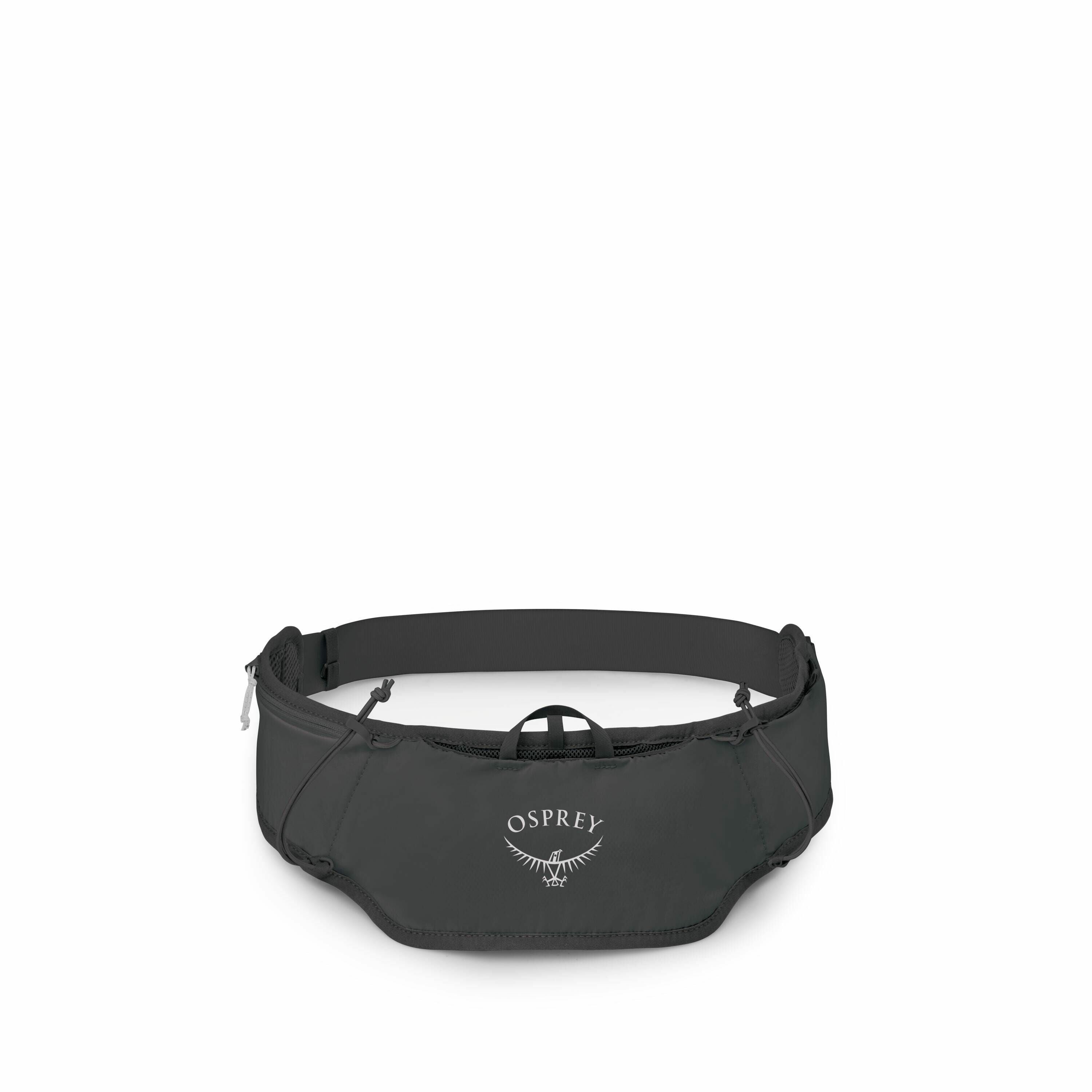The image displays an Osprey hip pack designed for outdoor activities, made of a sturdy material with a sleek design. The pack is primarily dark gray or black and features the Osprey logo prominently on the front, which consists of the brand name and an a