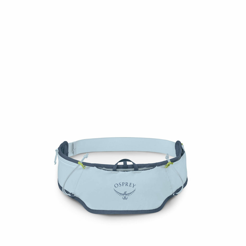 The image showcases a waist pack by Osprey, displayed in various angles, colors, and configurations. The pack is light blue with darker blue accents and features several compartments, including a main pouch with the Osprey logo and stylized bird emblem pr