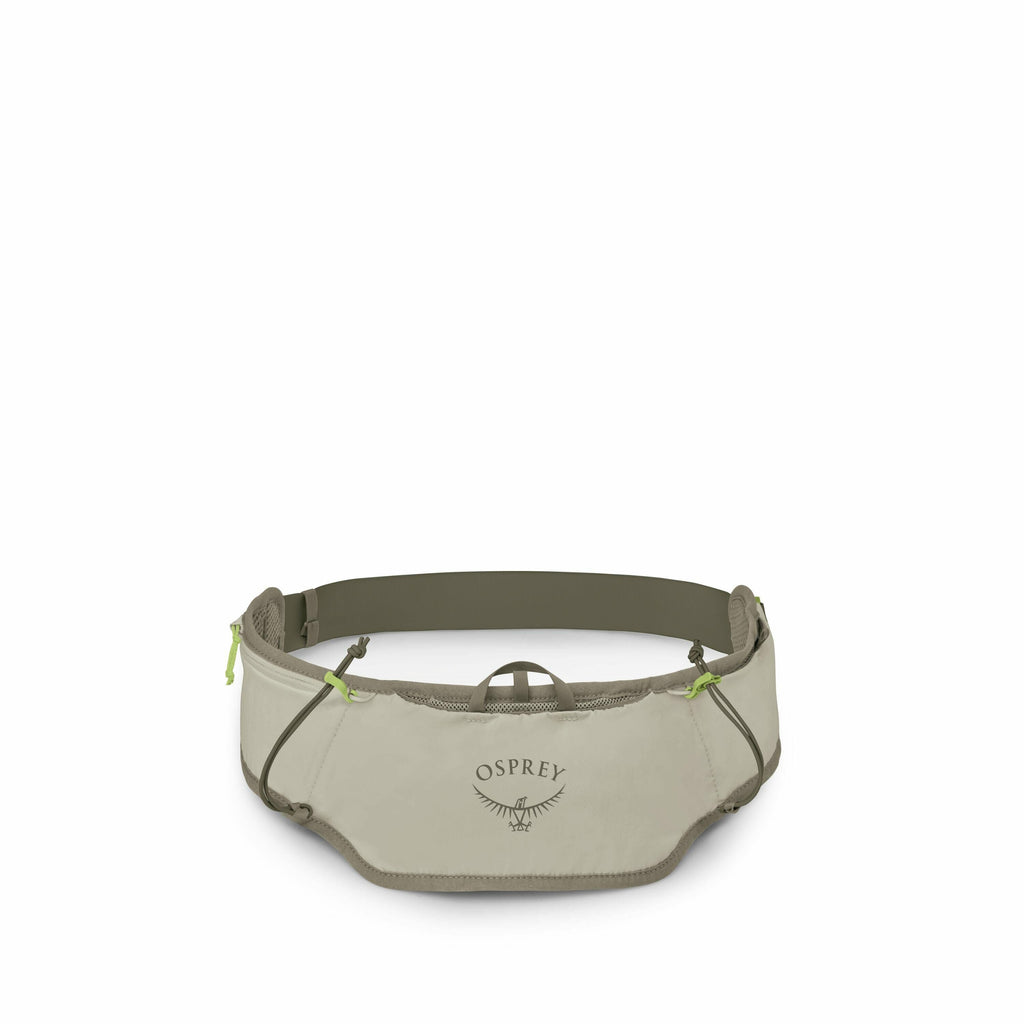 The image features a light green waist pack from the brand Osprey. This pack is designed with a minimalist style and includes a large main compartment with zippers, showcasing the brand's logo prominently on the front. There are adjustable straps on the s