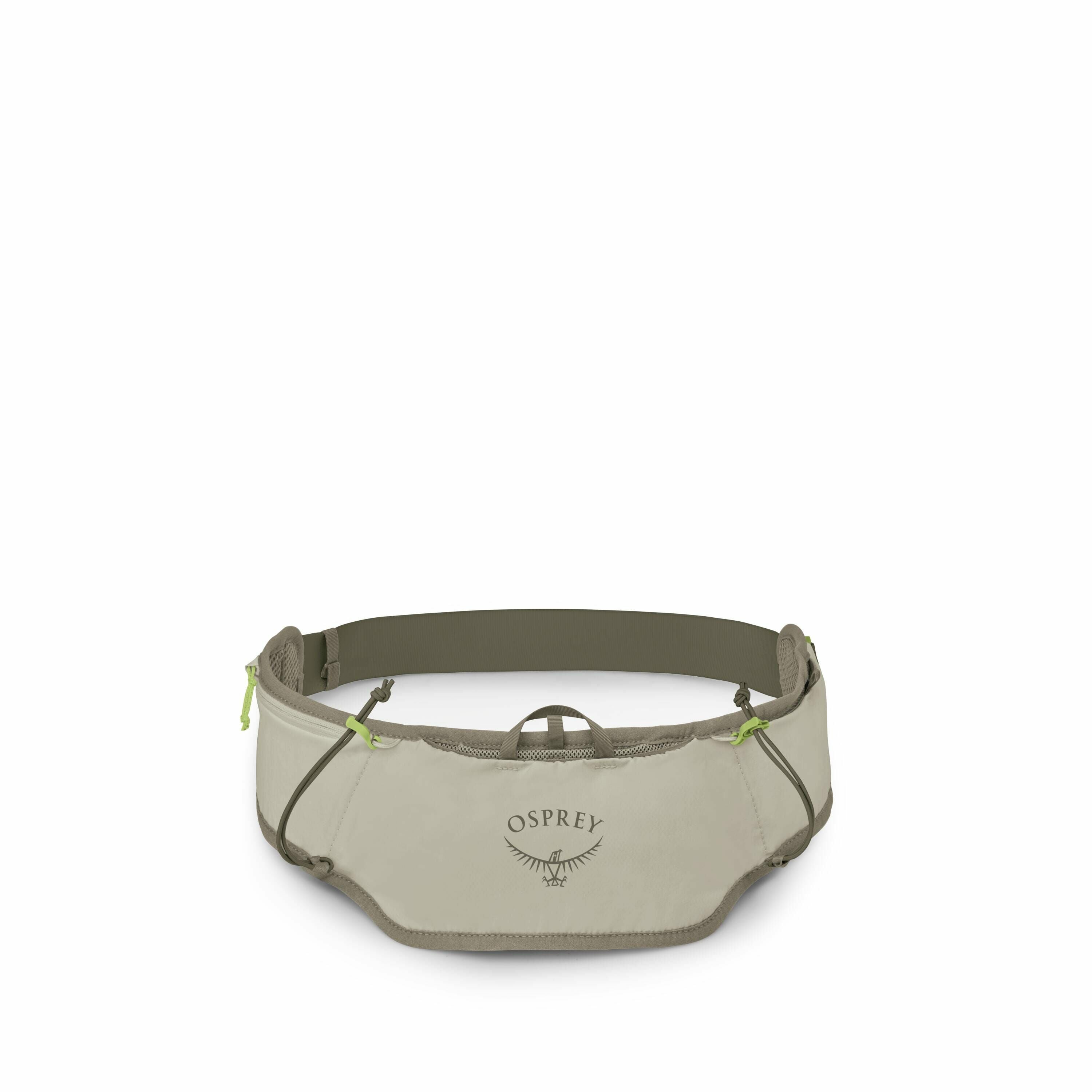 The image features a light green waist pack from the brand Osprey. This pack is designed with a minimalist style and includes a large main compartment with zippers, showcasing the brand's logo prominently on the front. There are adjustable straps on the s