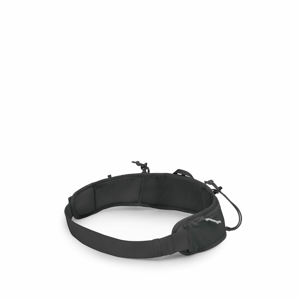 The image displays a black waist belt designed for carrying accessories, with multiple features visible from different angles. It has a padded section for comfort and adjustable straps that allow it to be securely fastened around the waist. There is a sma