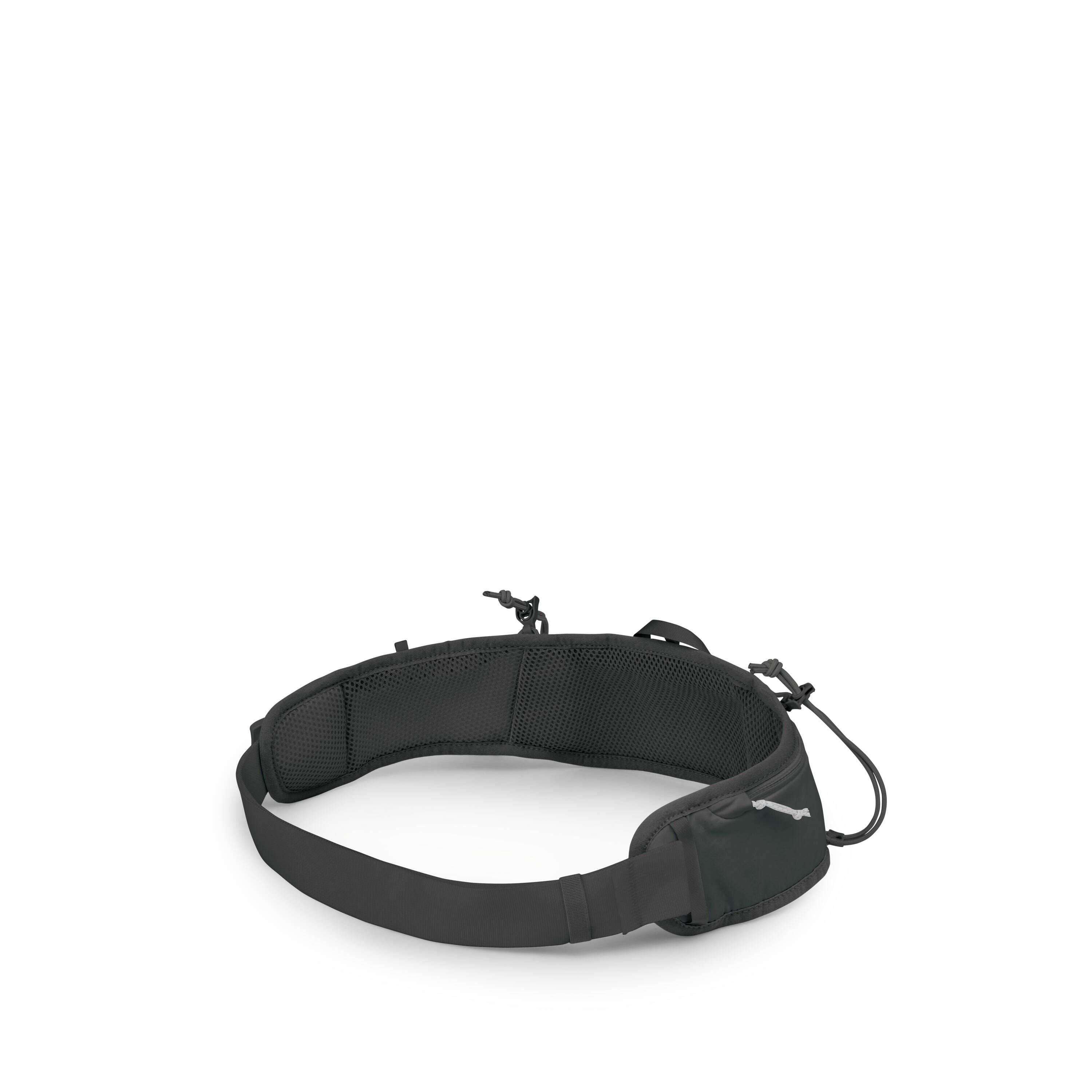 The image displays a black waist belt designed for carrying accessories, with multiple features visible from different angles. It has a padded section for comfort and adjustable straps that allow it to be securely fastened around the waist. There is a sma