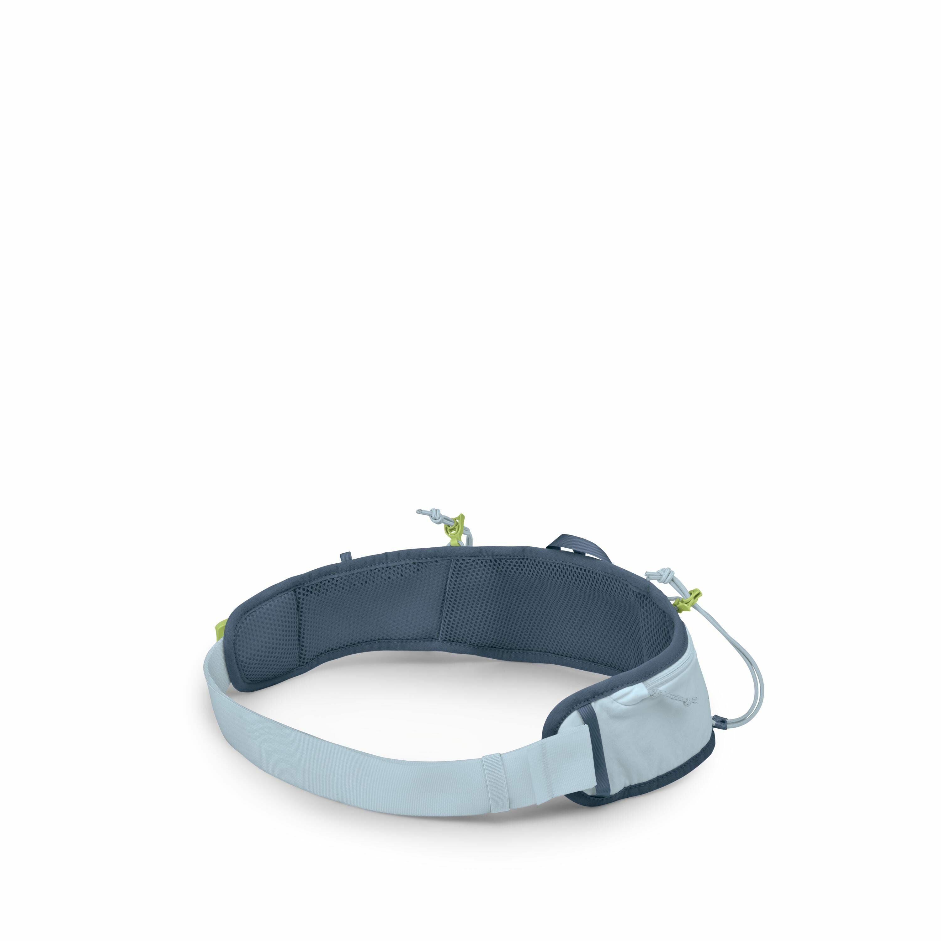 The image shows a sports belt, often used for running or outdoor activities, featuring a sleek design with a dark blue and light blue color scheme. It has a padded section for comfort and multiple small compartments or loops, which likely serve as holders