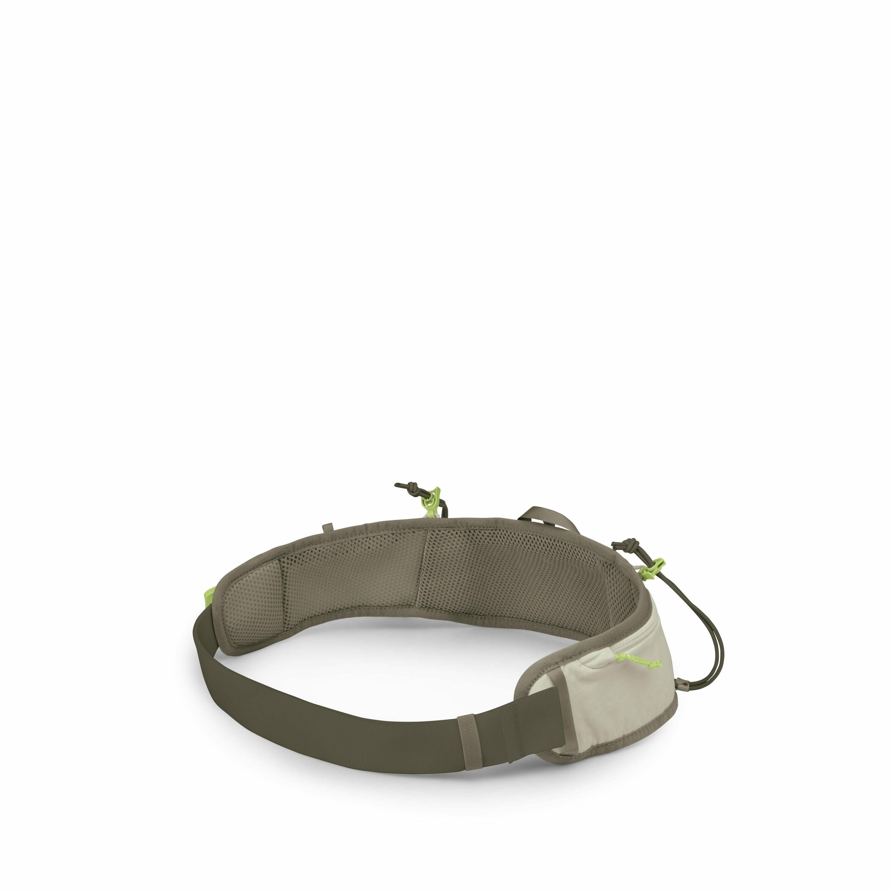 The image features a waist belt designed for outdoor activities, showcasing a functional and minimalist style. The belt appears to be made from durable fabric, primarily in olive green with lighter gray accents. Notable features include adjustable straps,