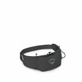 The image features a dark-colored Osprey running belt designed for active use, likely for activities like jogging or hiking. The belt has a sleek, streamlined design with a central pocket featuring the Osprey logo, which includes the image of a bird. The