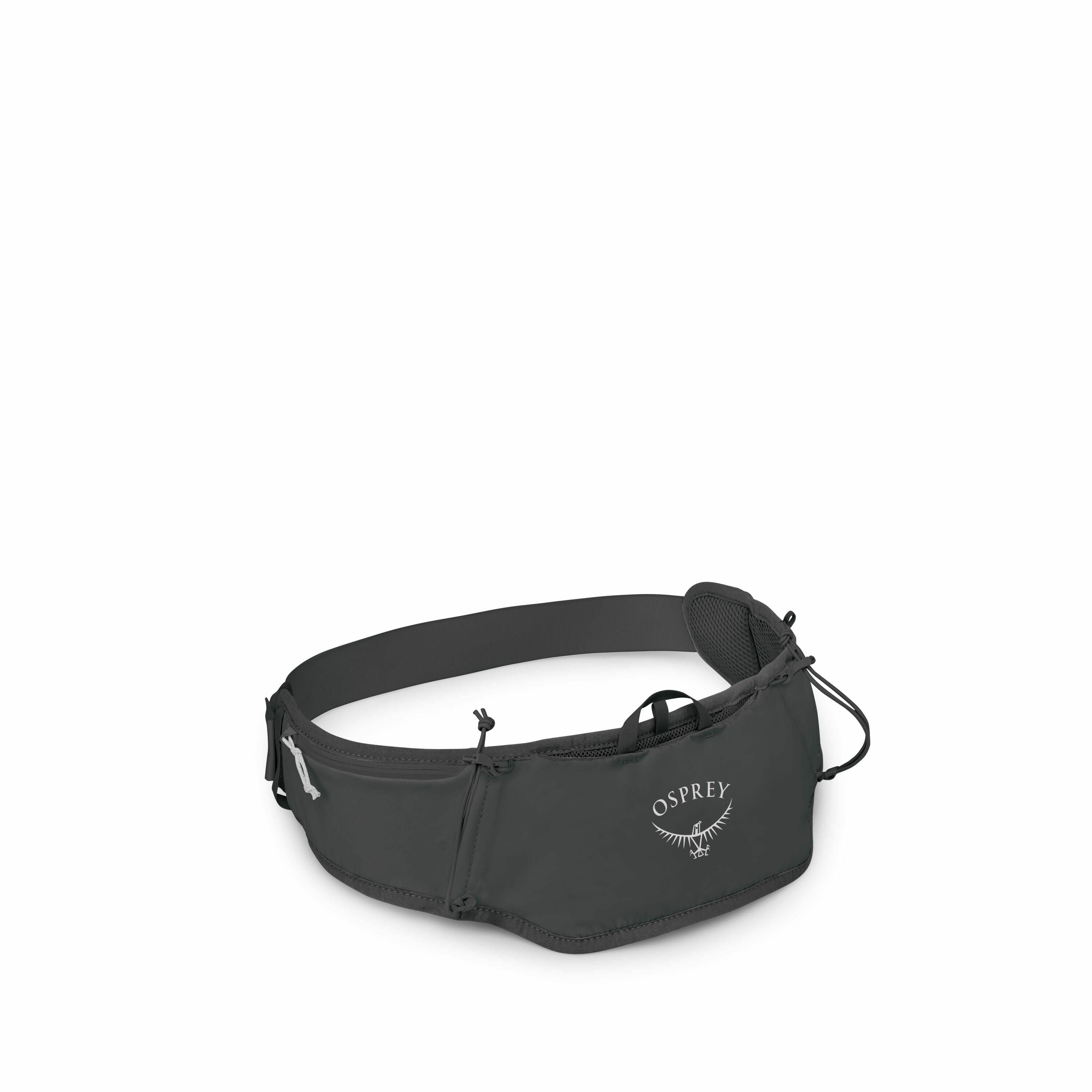 The image features a dark-colored Osprey running belt designed for active use, likely for activities like jogging or hiking. The belt has a sleek, streamlined design with a central pocket featuring the Osprey logo, which includes the image of a bird. The