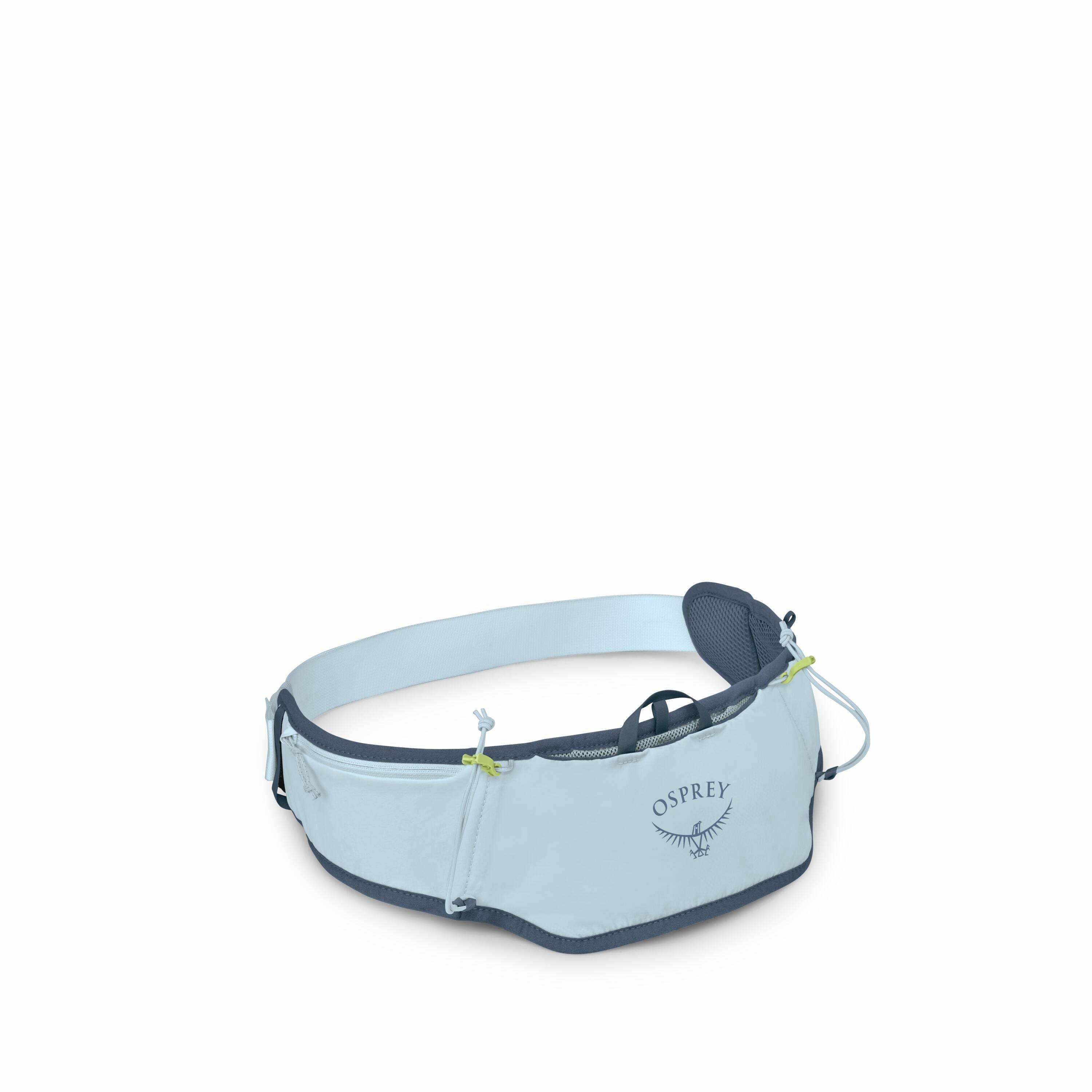 The image showcases a light blue waist pack with the logo "Osprey" prominently displayed in the center, accompanied by an illustrated osprey bird. This pack is designed with functionality in mind, featuring two zippered pockets for storage, one on each si